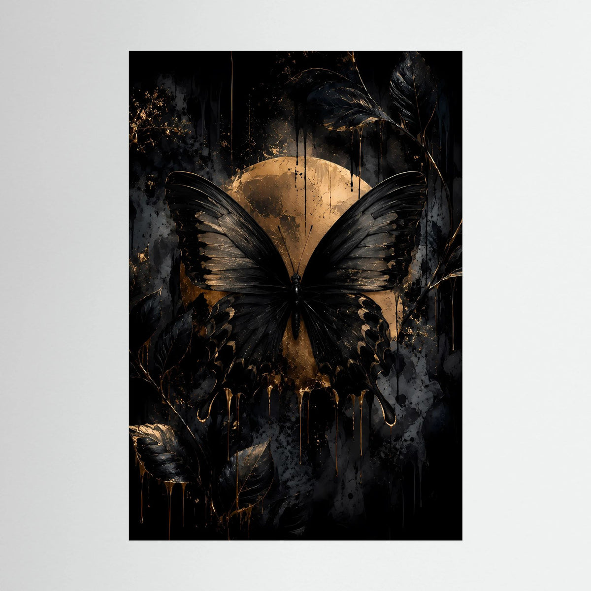 Hochformat-Poster mit schwarzem Schmetterling und goldener Lichtscheibe