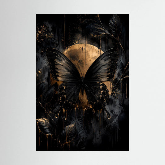 Hochformat-Poster mit schwarzem Schmetterling und goldener Lichtscheibe