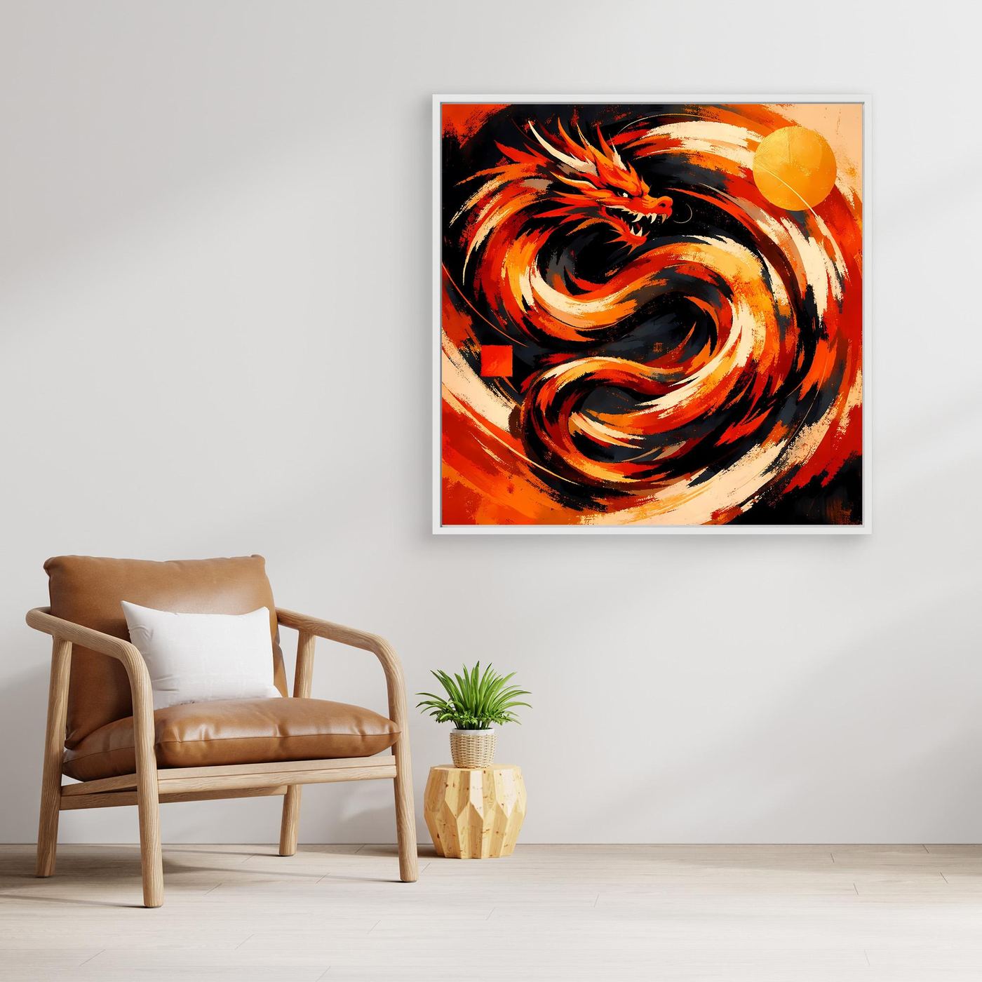 Quadratisches Leinwand-Wandbild mit beigem Rahmen: abstrakter Drache in Rot, Schwarz und Orange