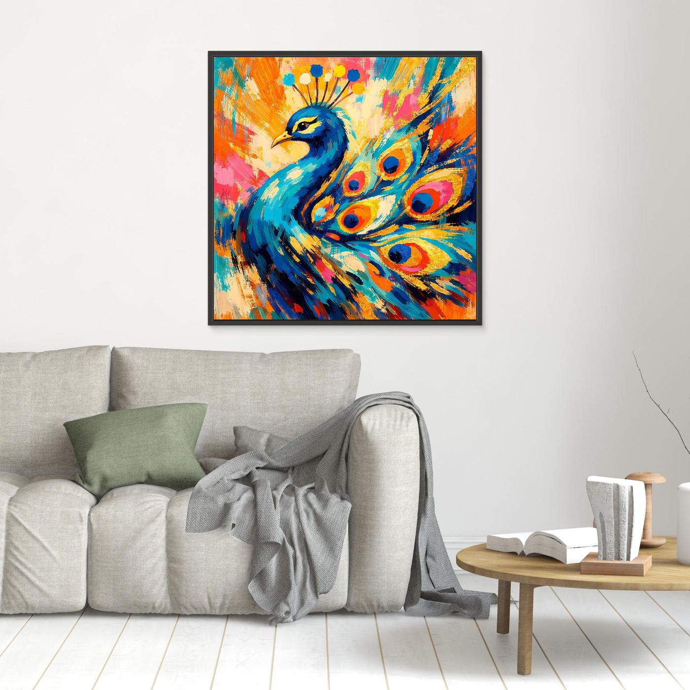 Leinwandbild mit schwarzem Rahmen: kleines abstraktes Pfau-Motiv in Blau und Orange