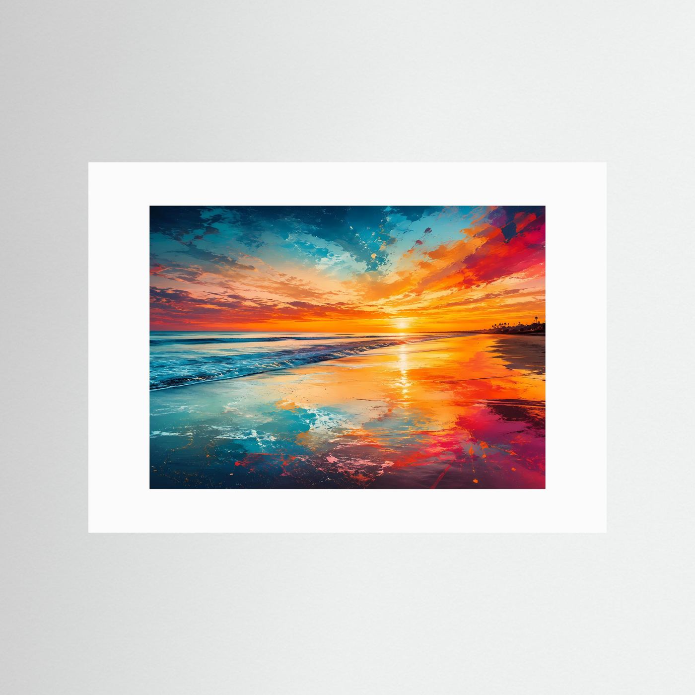Sonnenuntergang am Strand Poster | Farbenfrohes Meerespanorama Wandbild | Moderne Küstenlandschaft mit leuchtendem Himmel