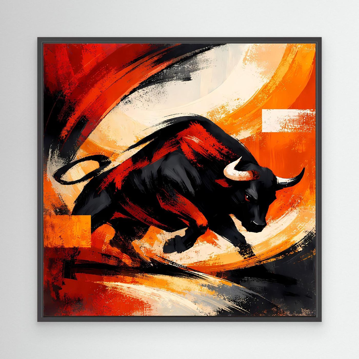 Abstraktes Leinwandbild mit schwarzem Stier, rote und orange Pinselakzente, schwarzer Rahmen