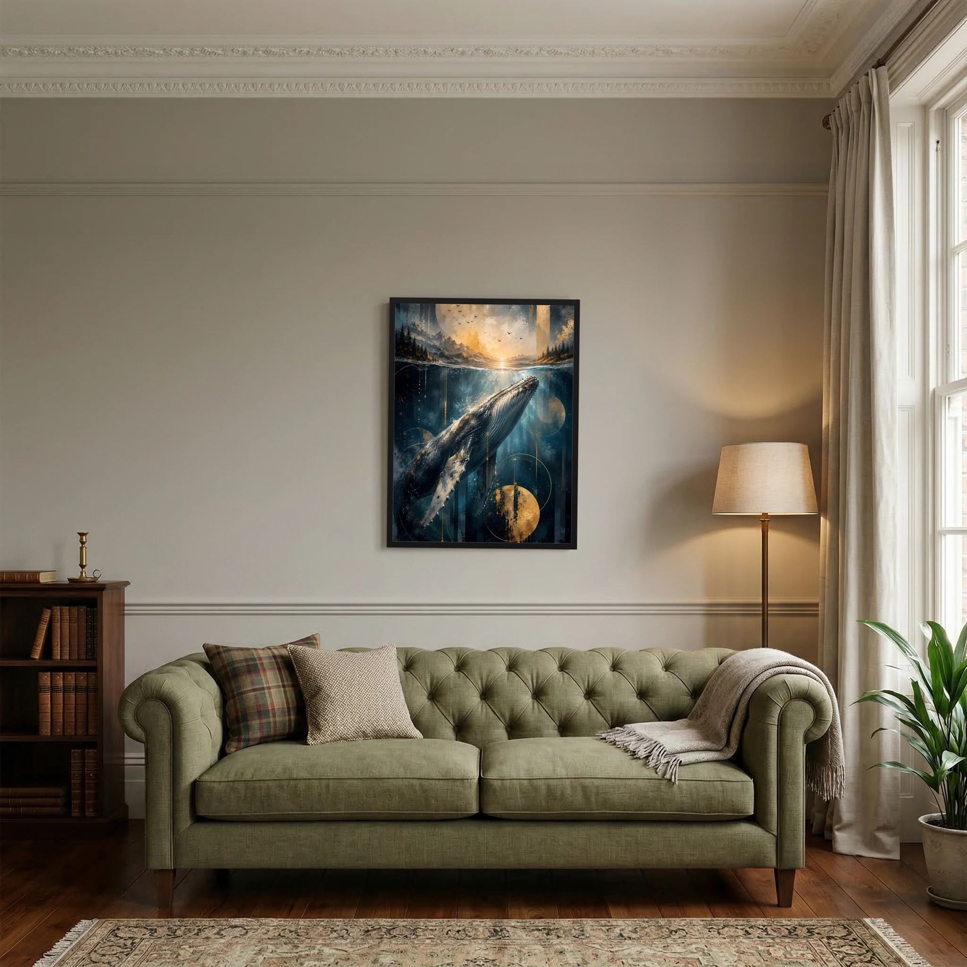 Gerahmtes Hochformat-Poster: Pottwal unter Wasser mit blau-goldener Lichtszene