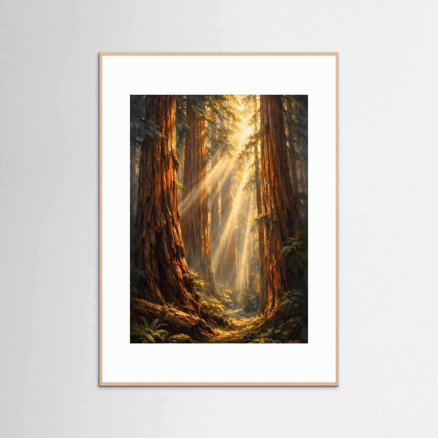 Hochformatiges Waldposter mit Mammutbäumen und Sonnenstrahlen, beiger Holzrahmen