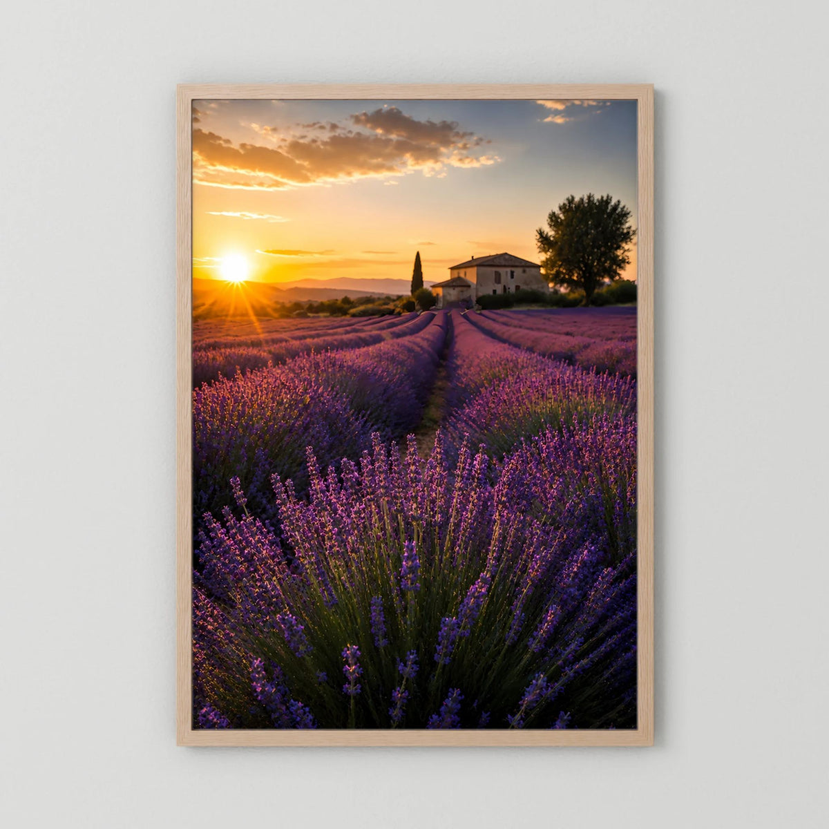 Kunstposter im Hochformat mit hellem Holzrahmen, violettes Lavendelfeld im Sonnenuntergang