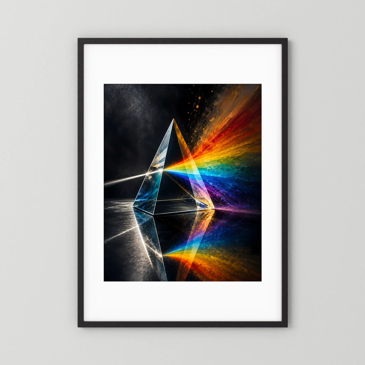 Poster im schwarzen Rahmen mit prismatischem Regenbogenmotiv