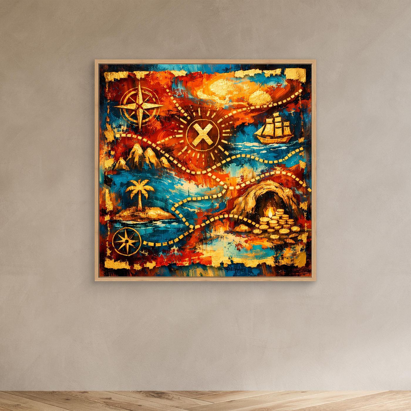 Leinwandbild mit Schatzkarte im Eichenrahmen: Kompassrose, X-Zeichen, Pfade, Schiff, Münzen