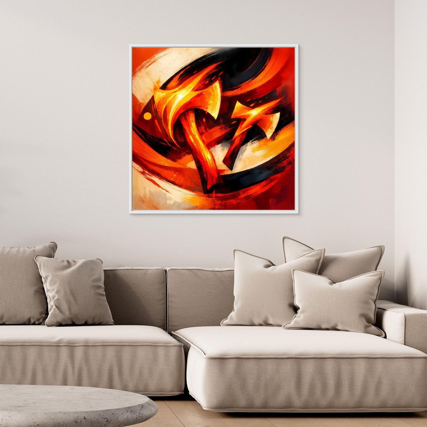 Leinwandbild mit Wikinger-Axt-Illustration, gelb-orange Flammen und schwarze Akzente