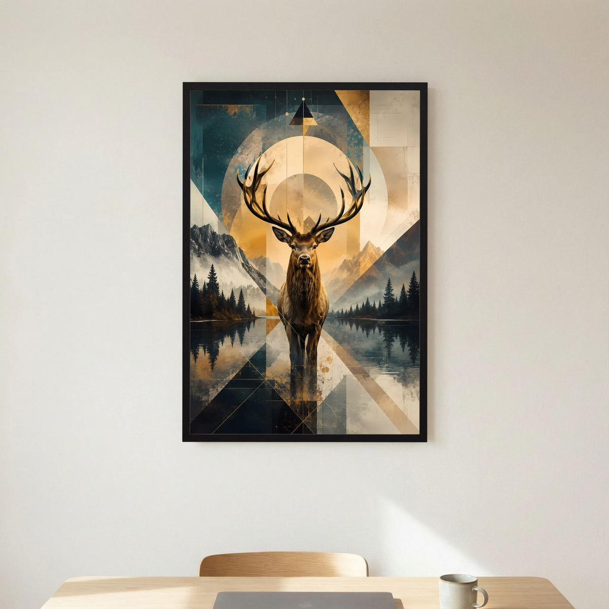 Poster im Hochformat mit Hirsch und Geometrie, goldblauem Bergpanorama, schwarzer Rahmen
