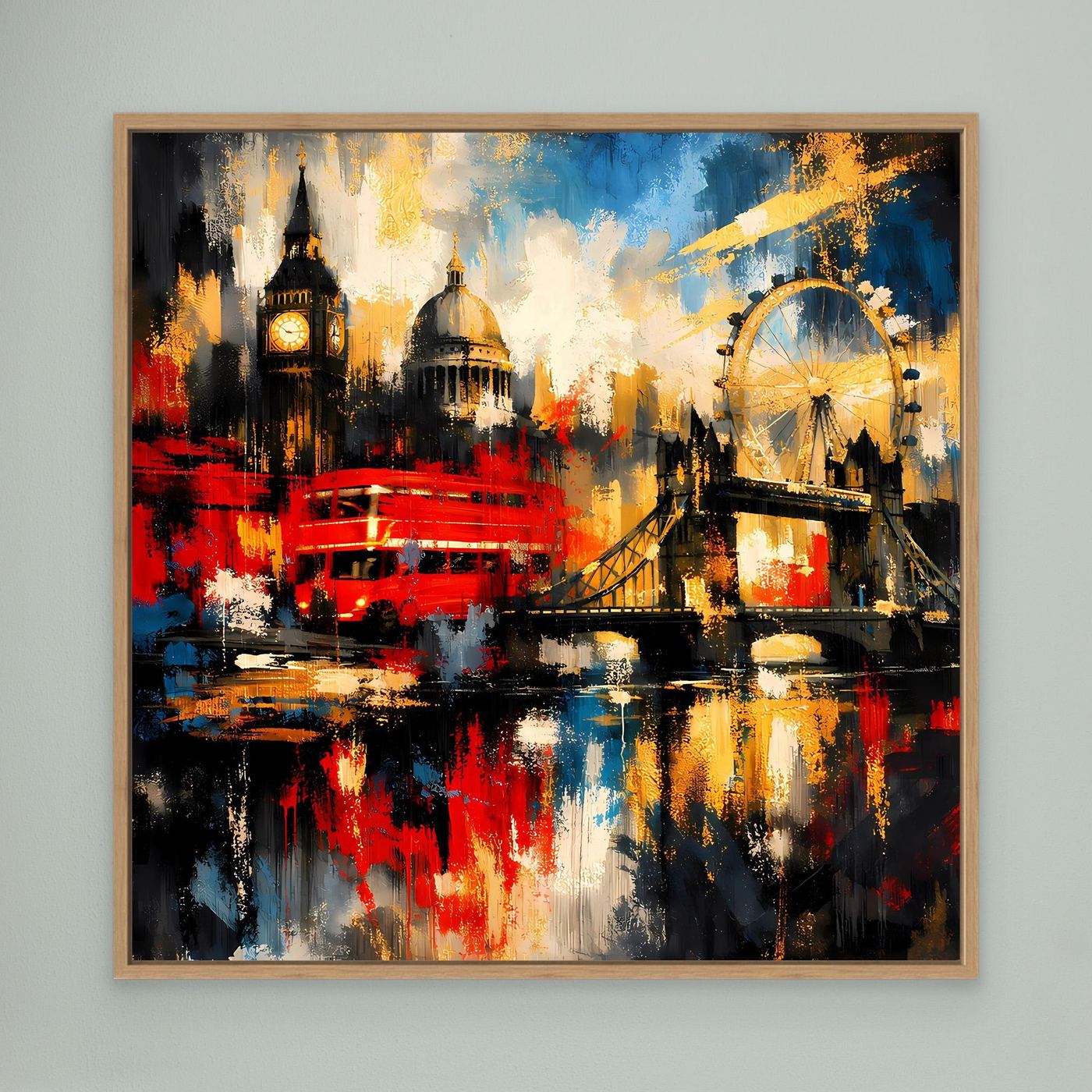 Leinwandbild abstrakte London-Skyline, bunt mit rotem Bus und Riesenrad, Holzrahmen