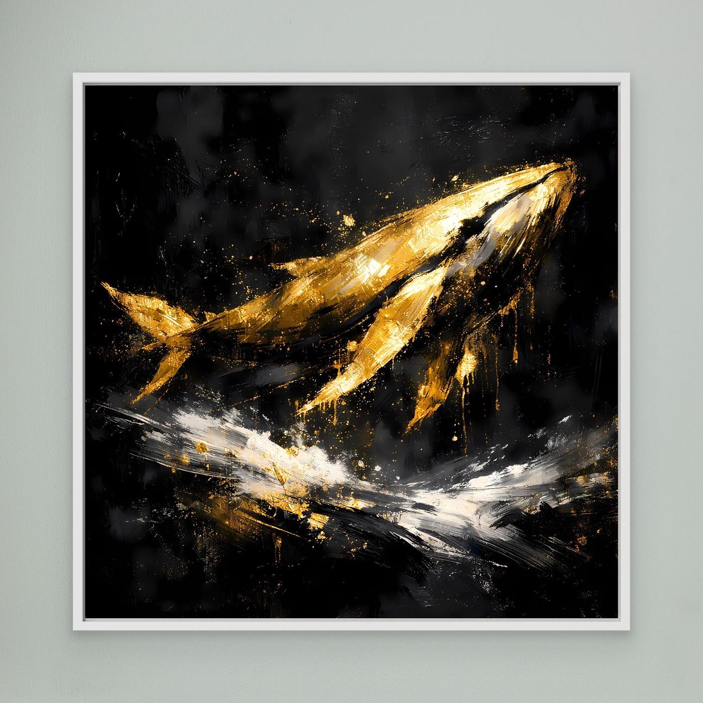 Leinwand Majestätischer Wal in Gold und Schwarz | Modernes Abstraktes Meeres Wandbild