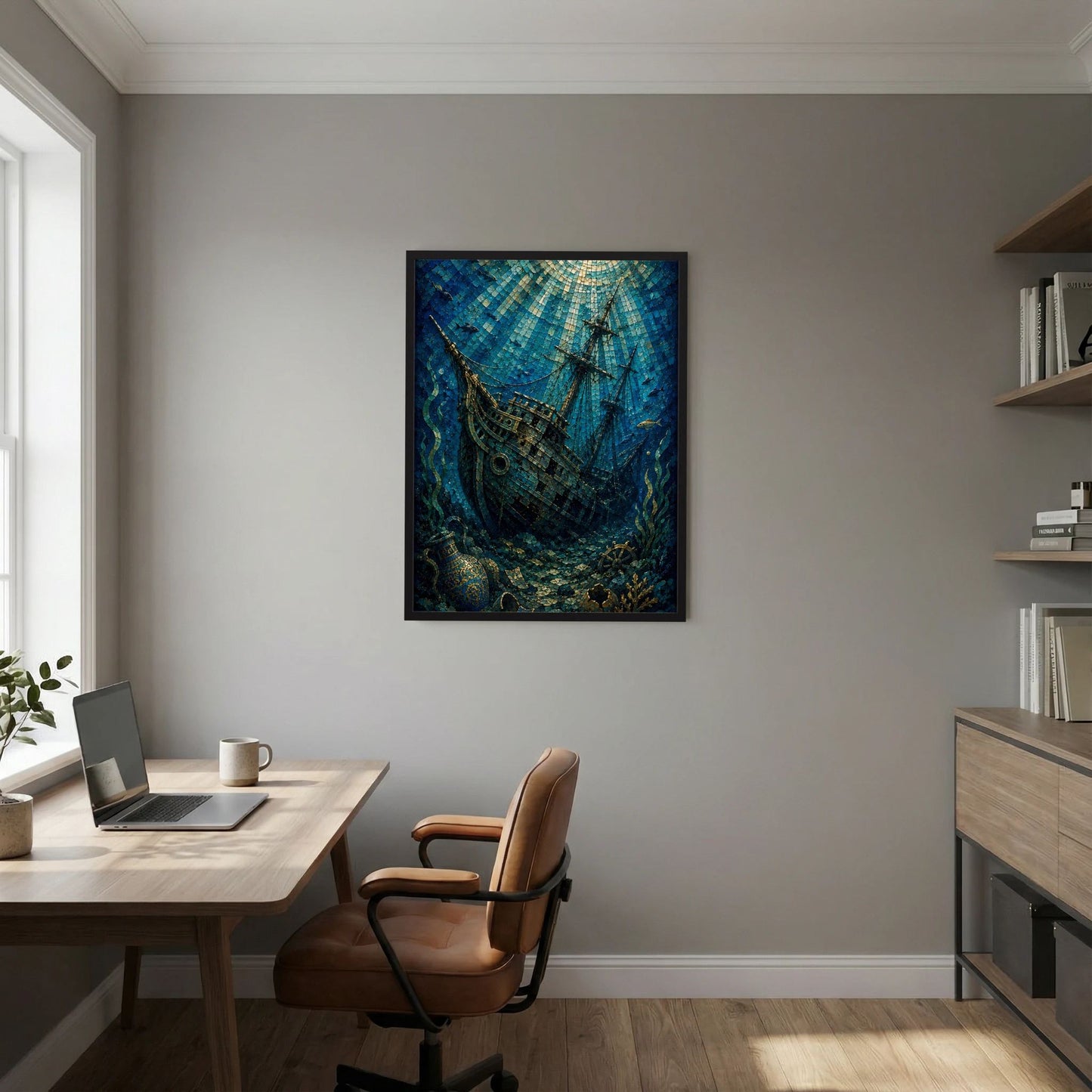Wandposter Hochformat mit Segelschiff im Mosaikstil, blau und goldfarben, schwarzer Rahmen
