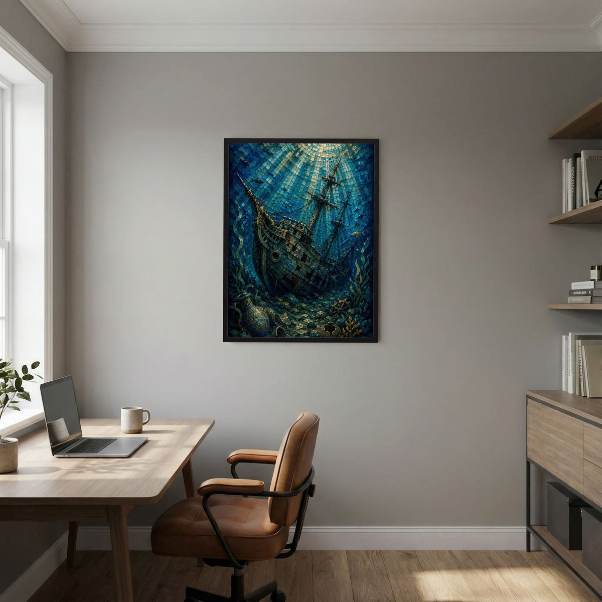 Wandposter Hochformat mit Segelschiff im Mosaikstil, blau und goldfarben, schwarzer Rahmen