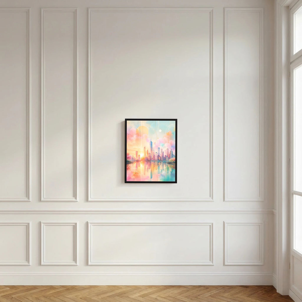 Kunstposter Hochformat mit abstrakter Skyline am Wasser in Pastellfarben, schwarzer Rahmen