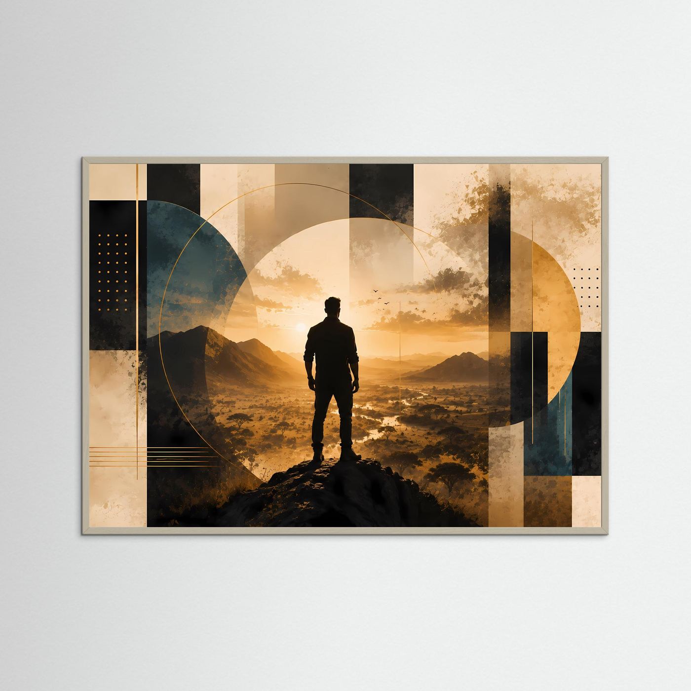 Querformat-Poster mit Silhouette eines Mannes auf Berggipfel im grauen Rahmen, Gold und Schwarz