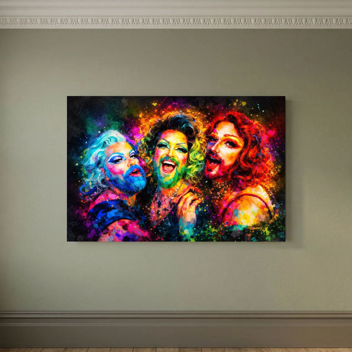Querformat-Poster mit drei farbigen Portraits, schwarz gerahmt, an der Wand
