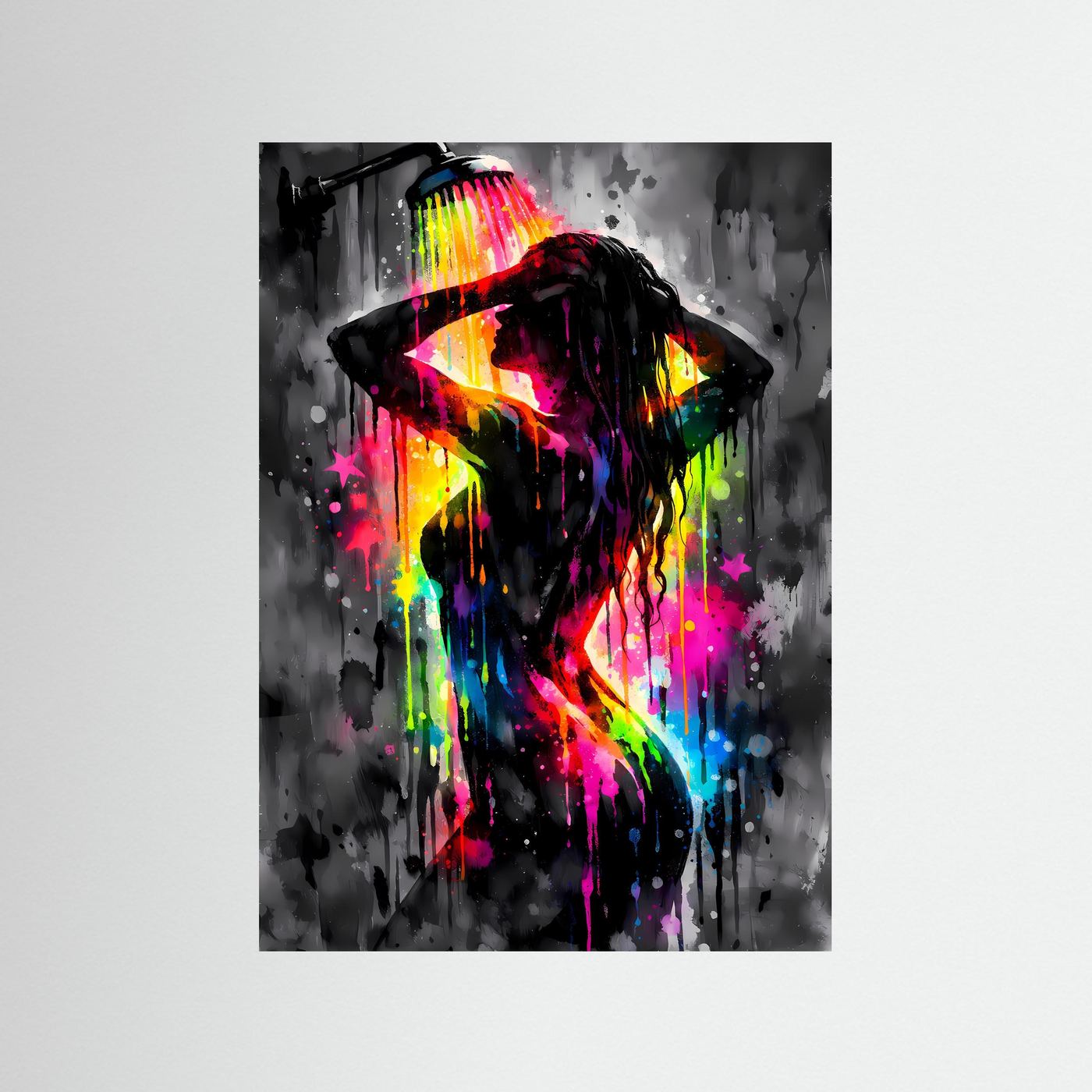 Die Kunst der Erfrischung | Neon Dusch-Poster mit weiblicher Silhouette & Regenbogen-Farben | Abstraktes Pop-Art Kunstposter Hochformat