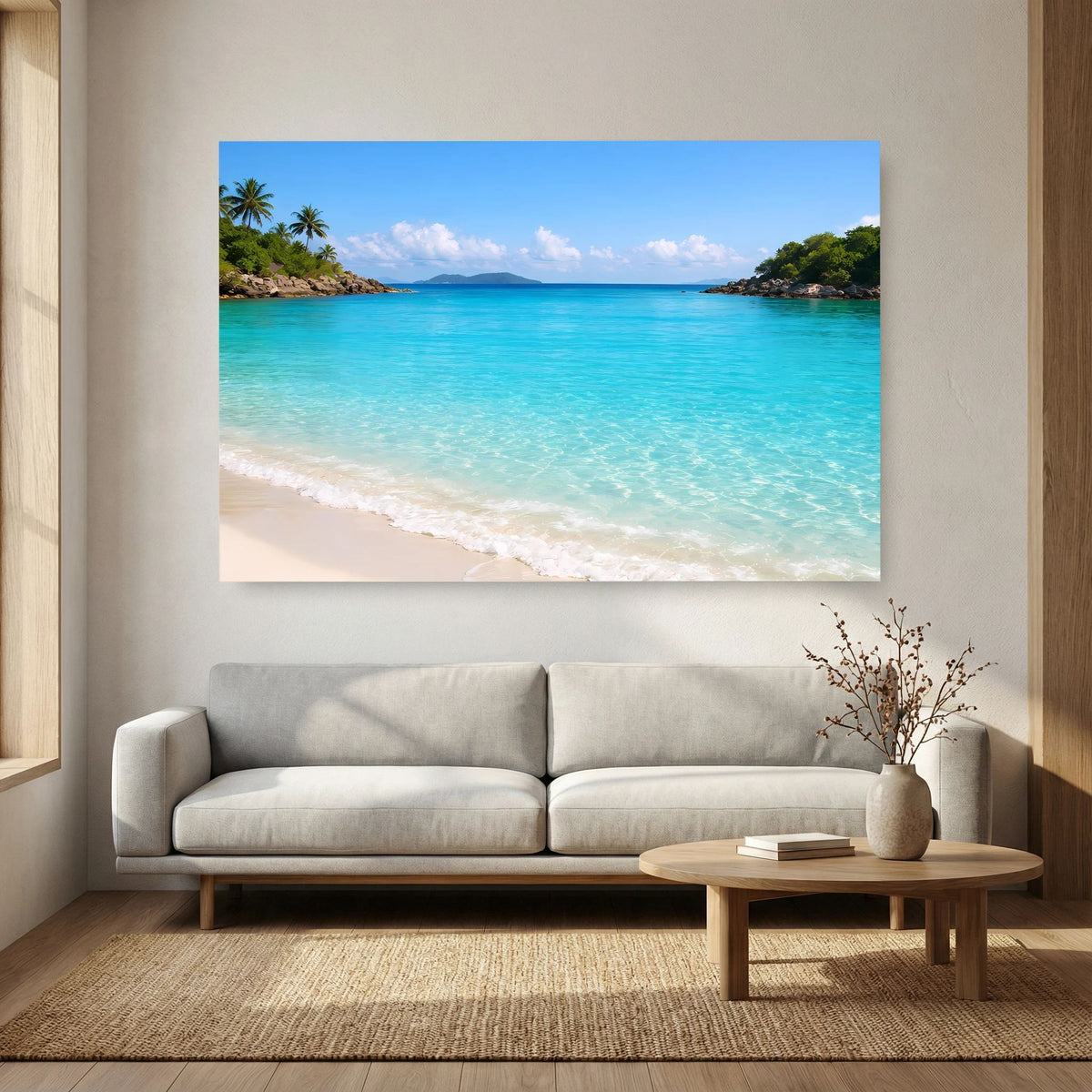 Strand-Wandbild mit türkisfarbenem Wasser, Palmen und weißem Sandstrand