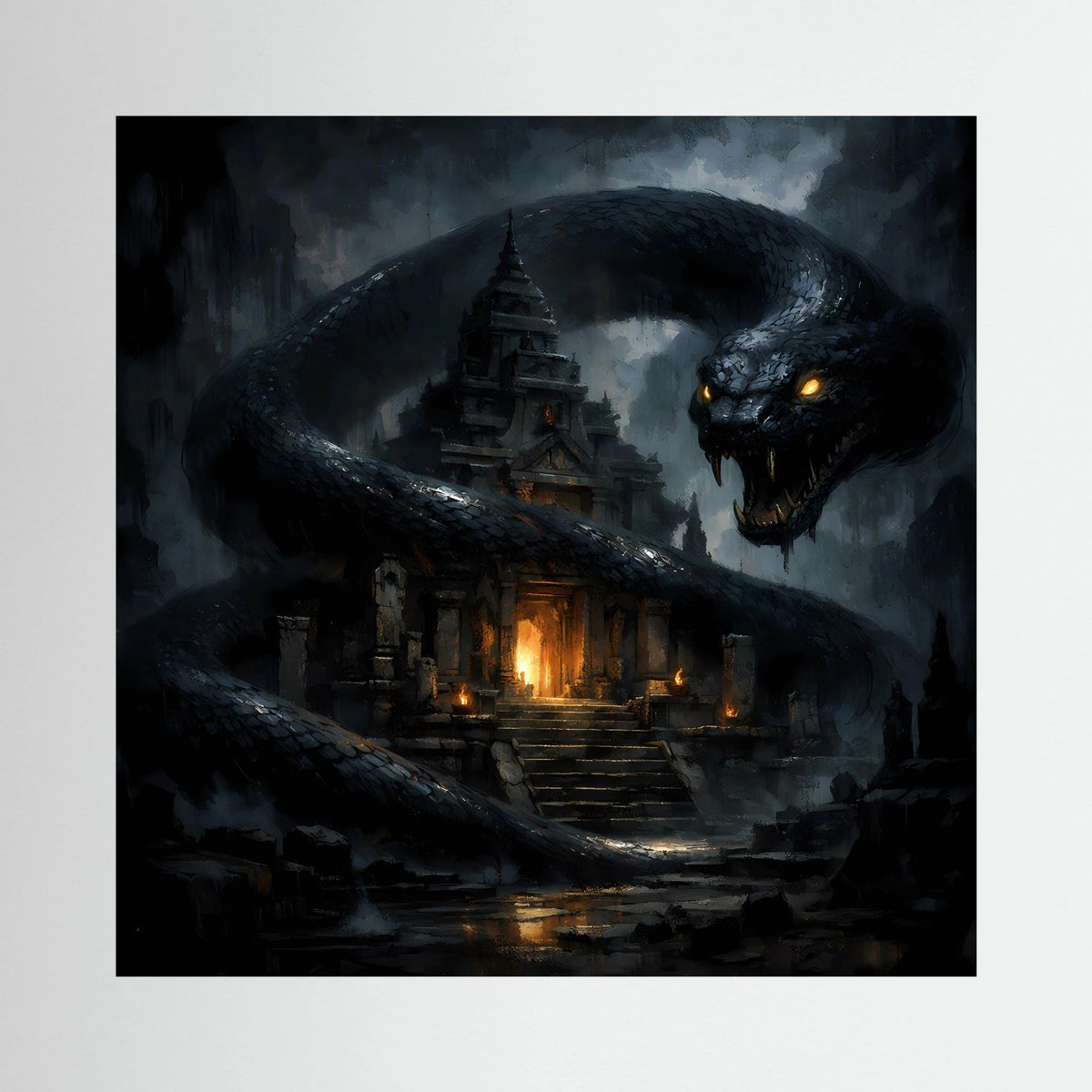 Fantasy-Leinwandbild mit riesiger schwarzer Schlange, leuchtenden Augen und Tempel im Nebel