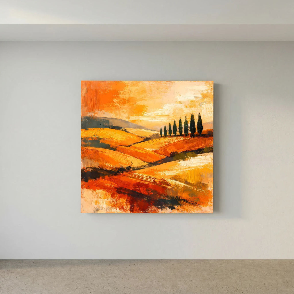 Abstraktes Leinwand-Wandbild mit orangefarbenen Pinselstrichen und Zypressen-Silhouetten