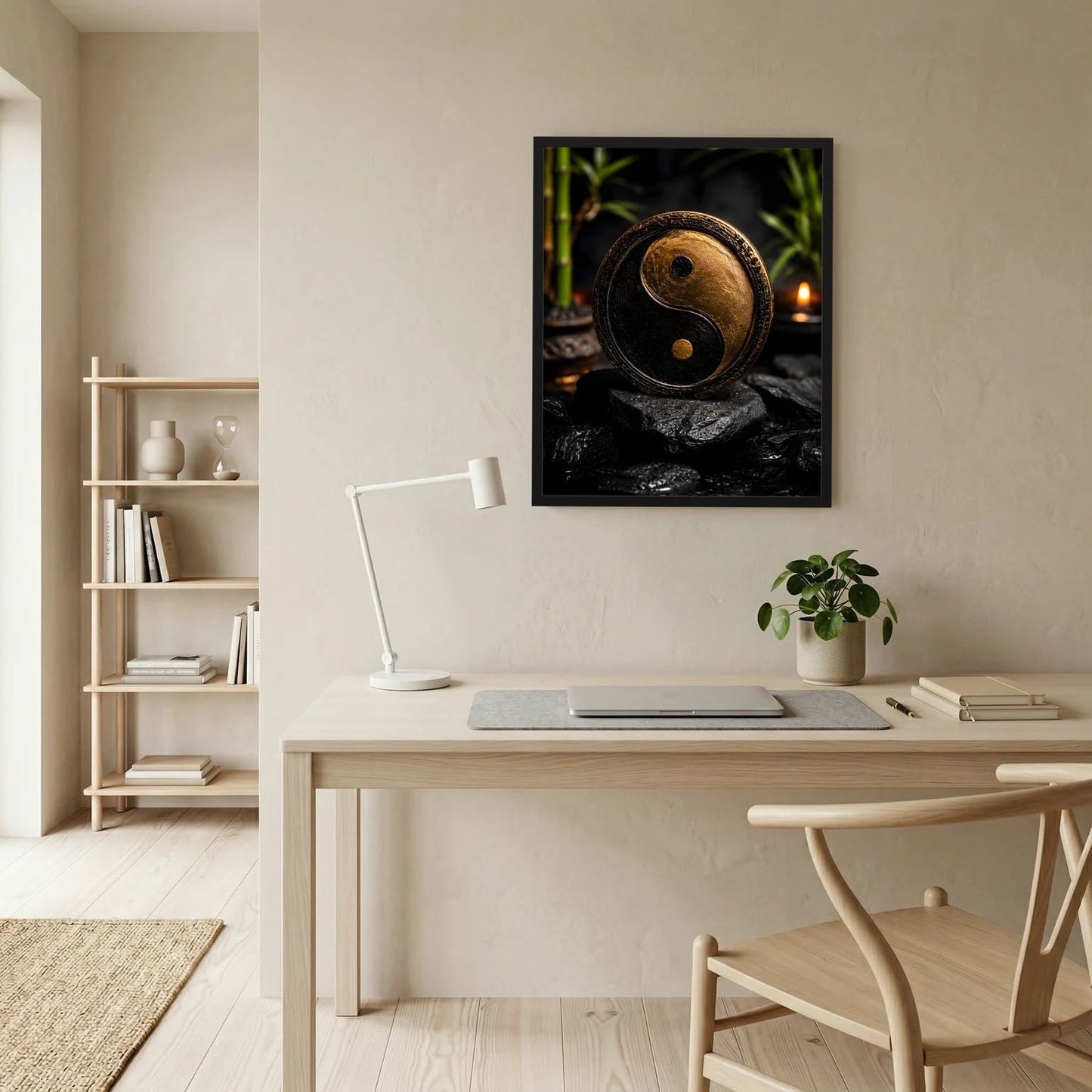 Yin-Yang-Wandbild mit goldener Sphäre und schwarzer Sphäre, dunkle Steinumgebung