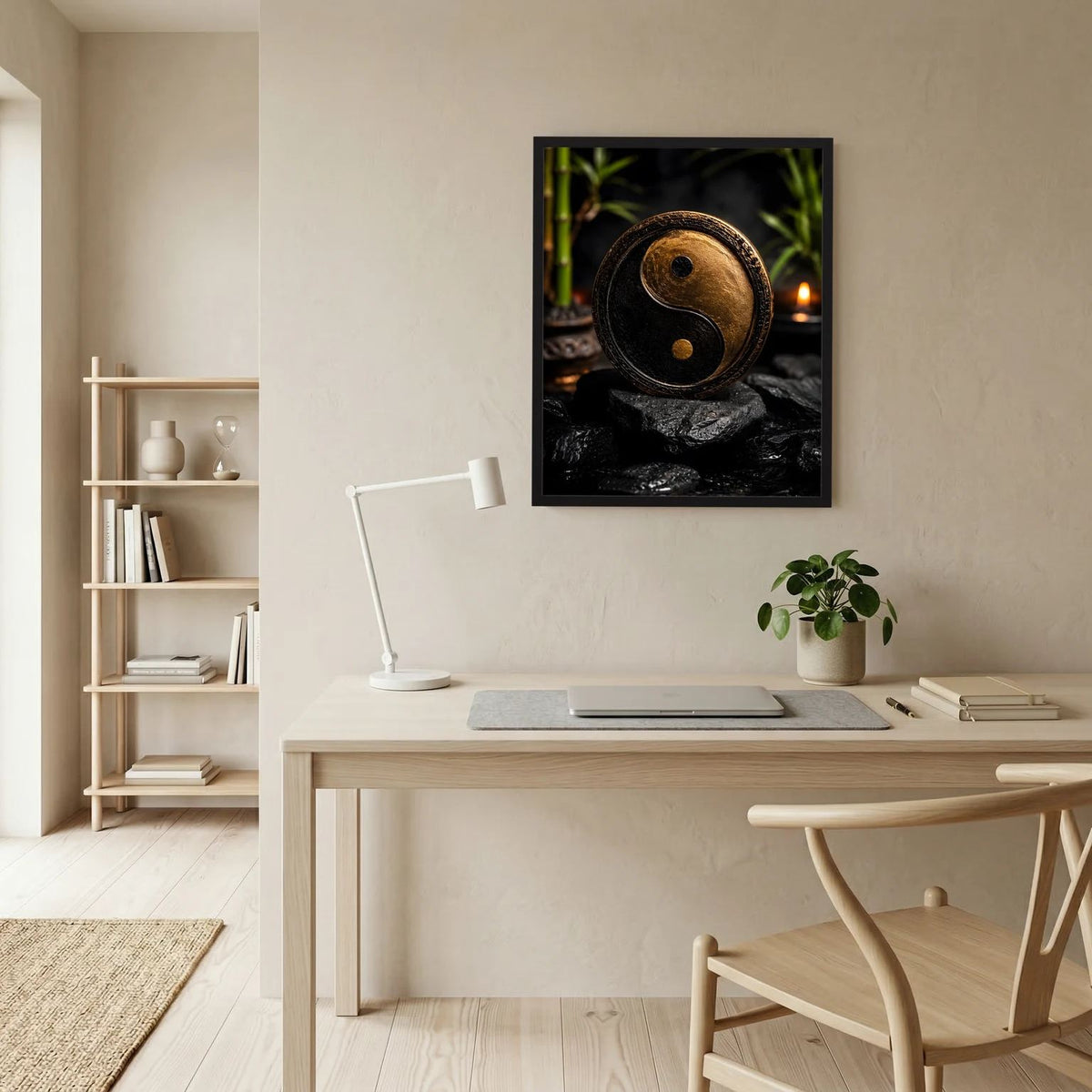 Yin-Yang-Wandbild mit goldener Sphäre und schwarzer Sphäre, dunkle Steinumgebung