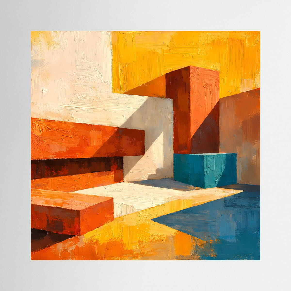 Abstraktes Leinwand-Wandbild mit orangefarbenen, weißen und blauen Blockformen