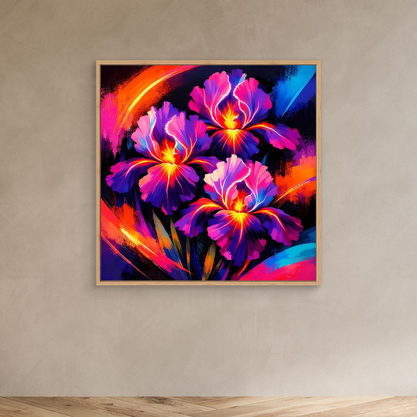 Leinwand-Wandbild mit Irisblüten-Motiv, Rahmen in Eichefarben