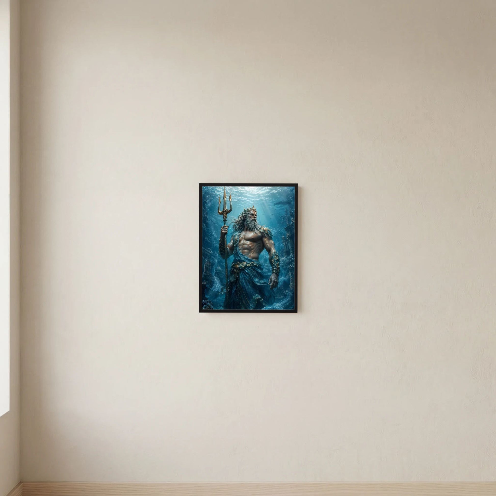 Hochformat-Poster mit Poseidon und Dreizack im Meer, blaues Wasser-Motiv