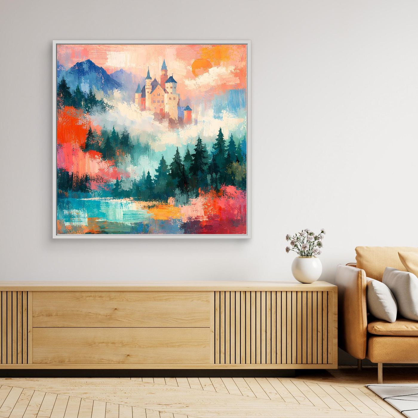 Wandbild auf Leinwand mit abstraktem Schloss in den Bergen, weiß gerahmt