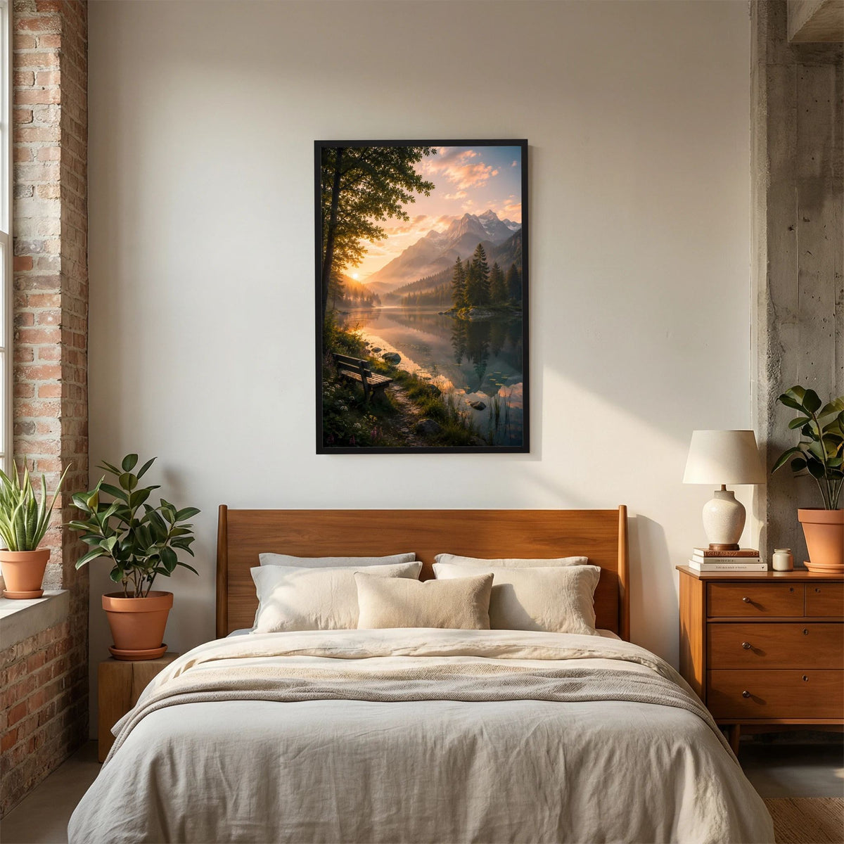 Bergsee im Sonnenuntergang | Ruhige Alpenlandschaft mit Sitzbank | Poster Hochformat