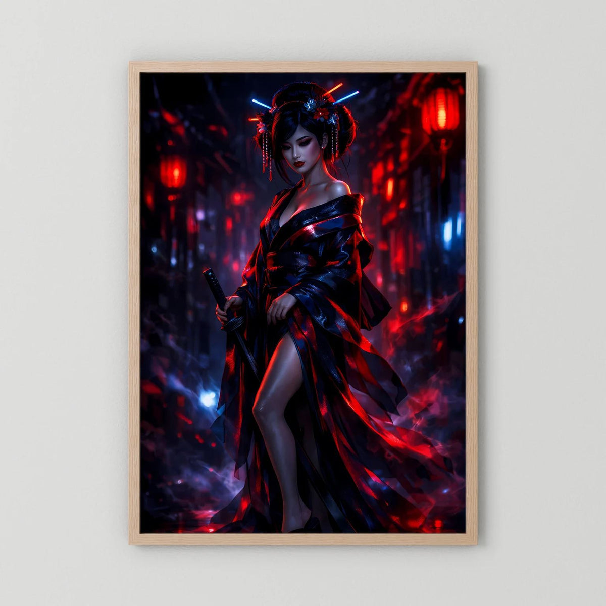 Senkrechtes Wandposter mit Samurai-Kriegerin, Katana in der Hand, Neon-rot/blau, Holzrahmen hellbraun