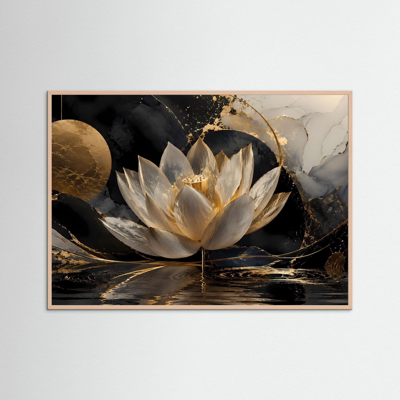 Weiße Lotusblüte Wandbild | Schwarz Gold Lotus Kunst | Elegante Zen Botanical Wall Art | Luxuriöse Meditation Leinwand | Moderne Wellness Deko