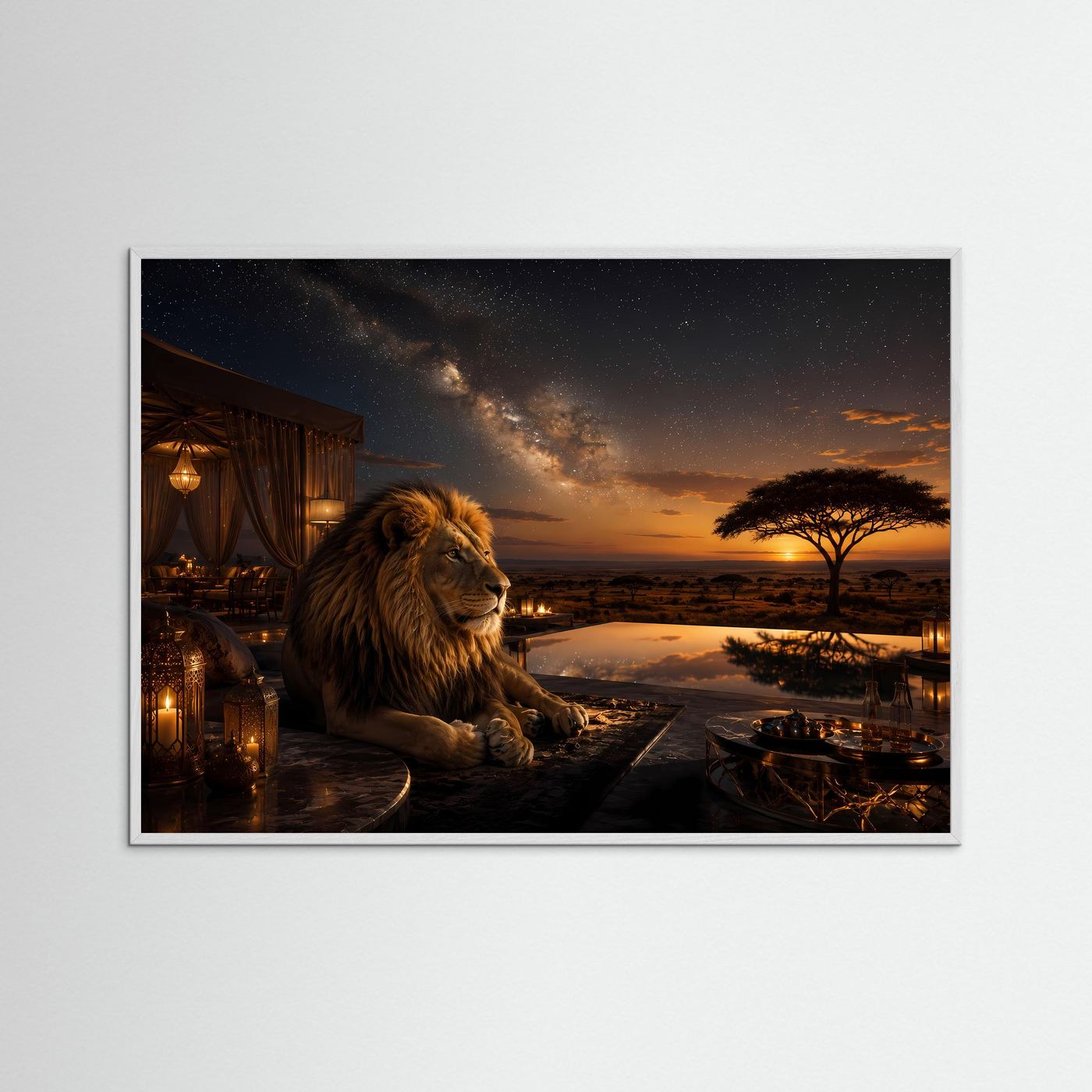 Majestätischer Löwe unter Sternenhimmel | Luxus Safari & Afrika Poster Querformat