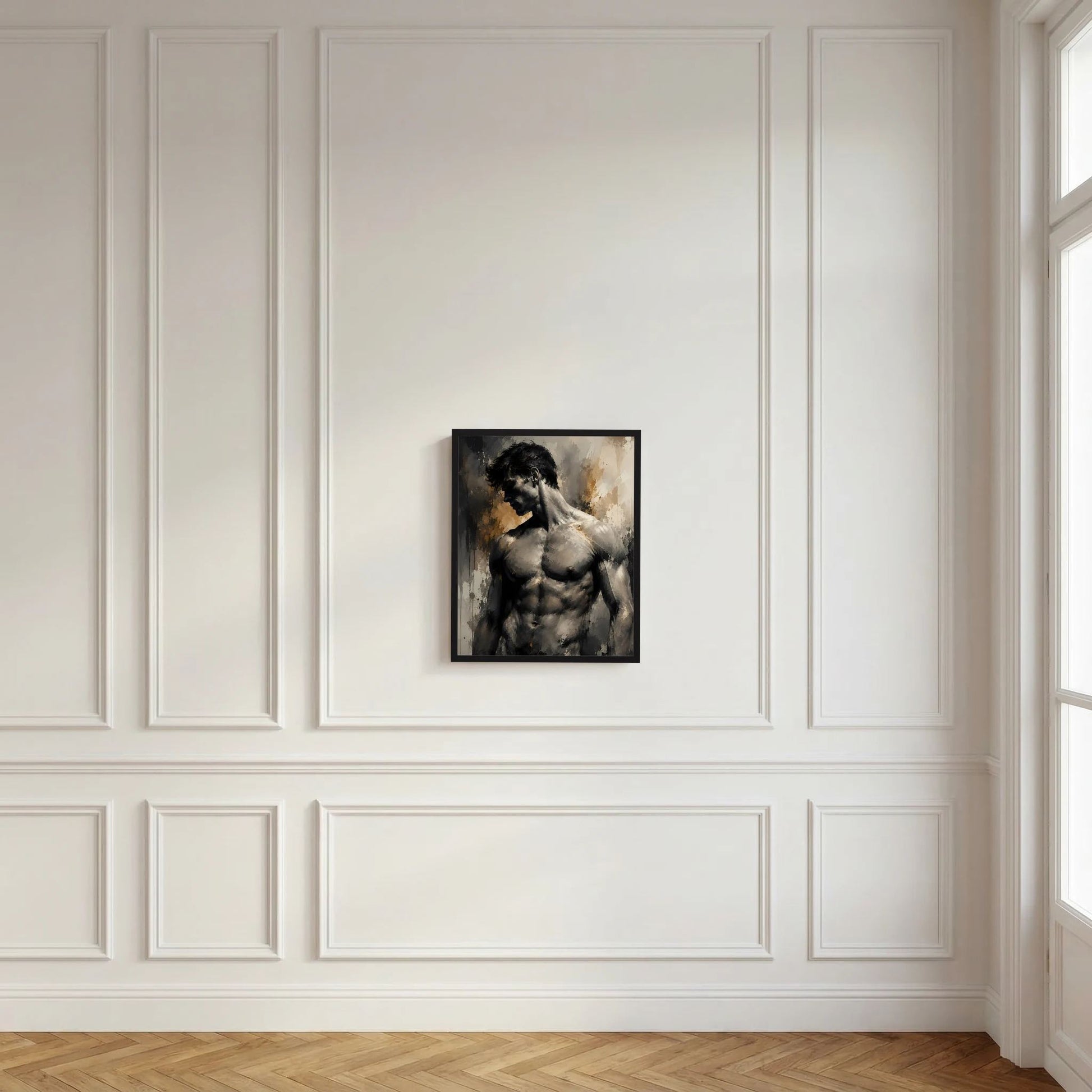 Kunstposter mit abstrakter Aktfigur eines Mannes in Schwarz und Gold, schwarzer Rahmen