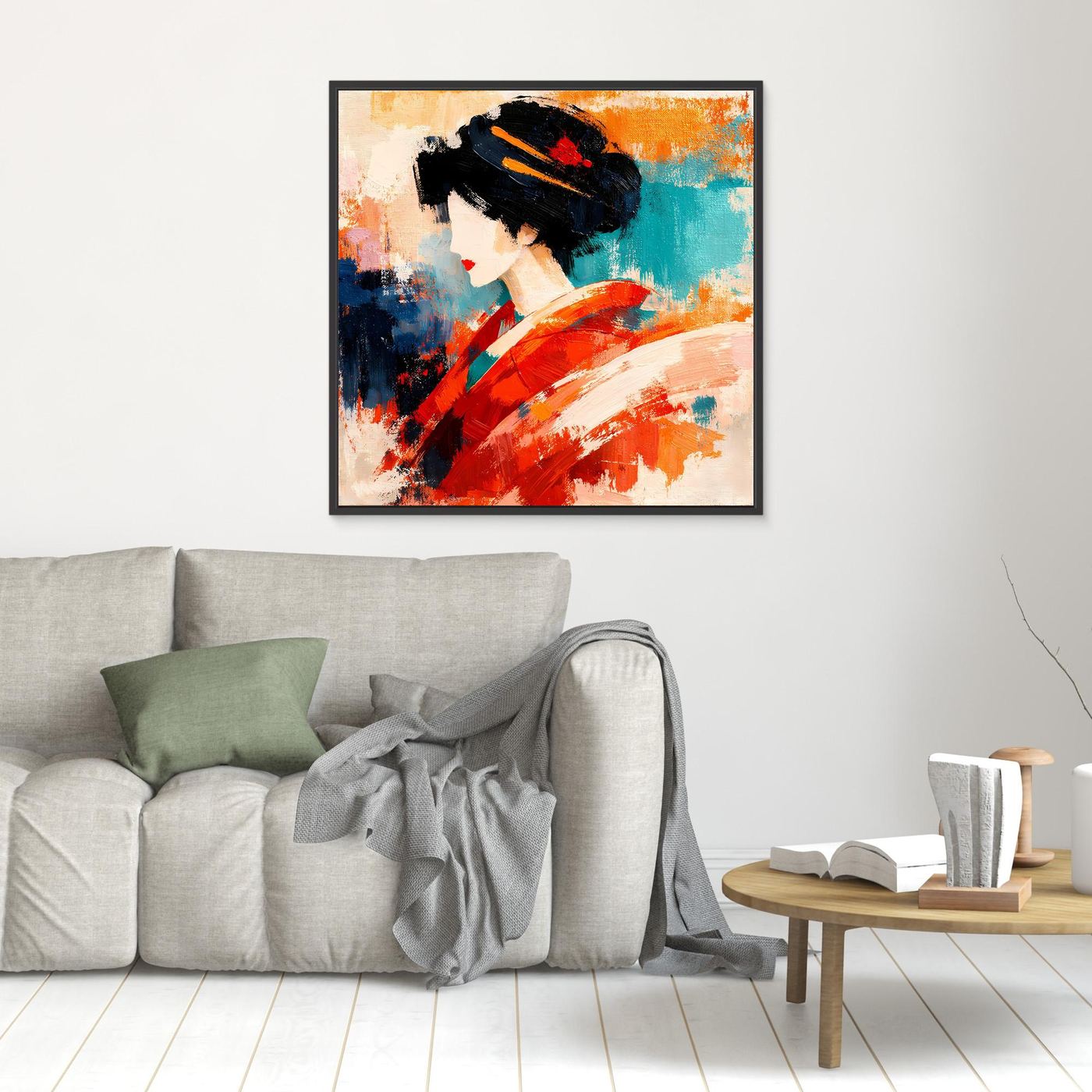 Geisha portrait wall art with black frame, red kimono and teal abstract background