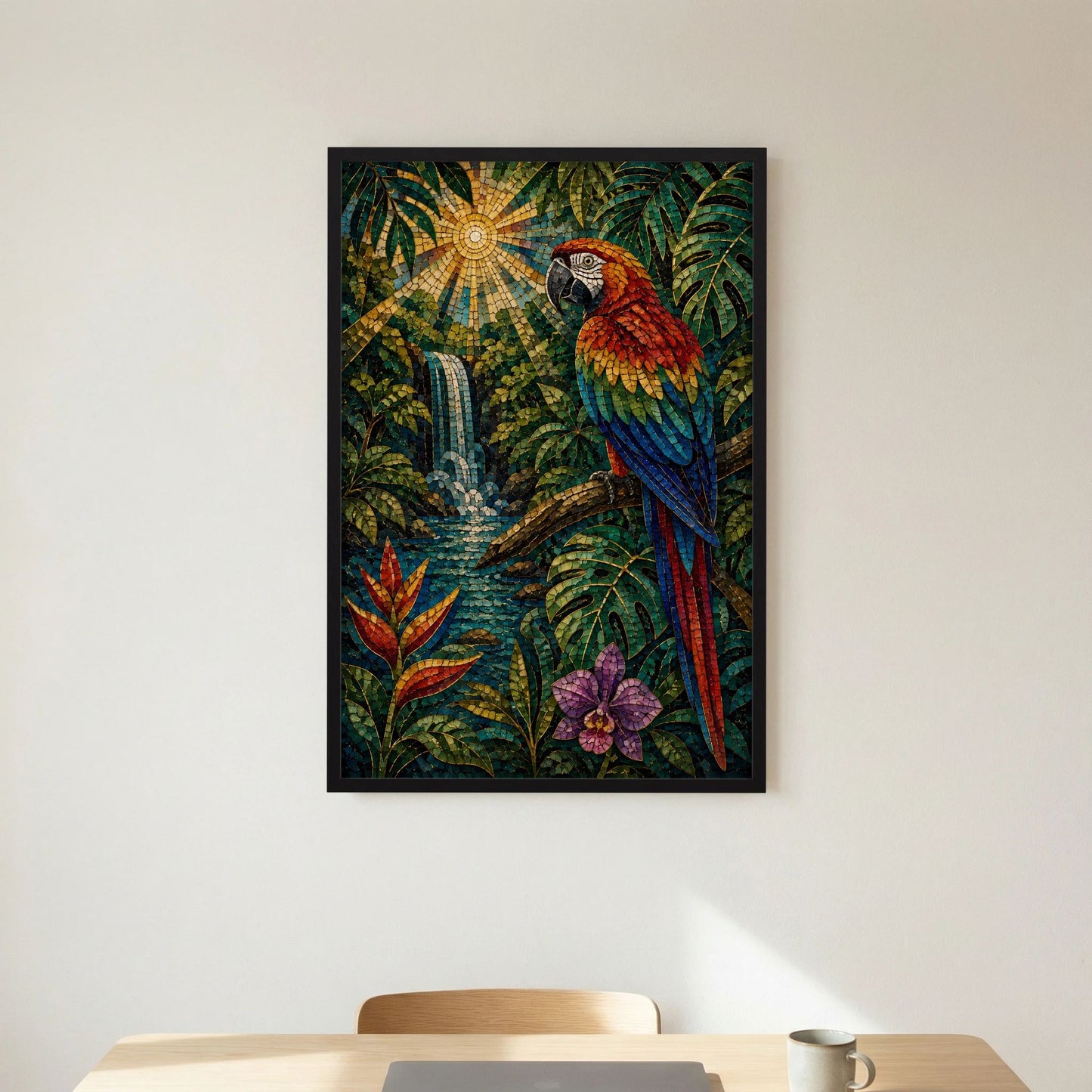 Wandposter im Hochformat mit Papagei-Mosaik, tropische Pflanzen und violette Blüte