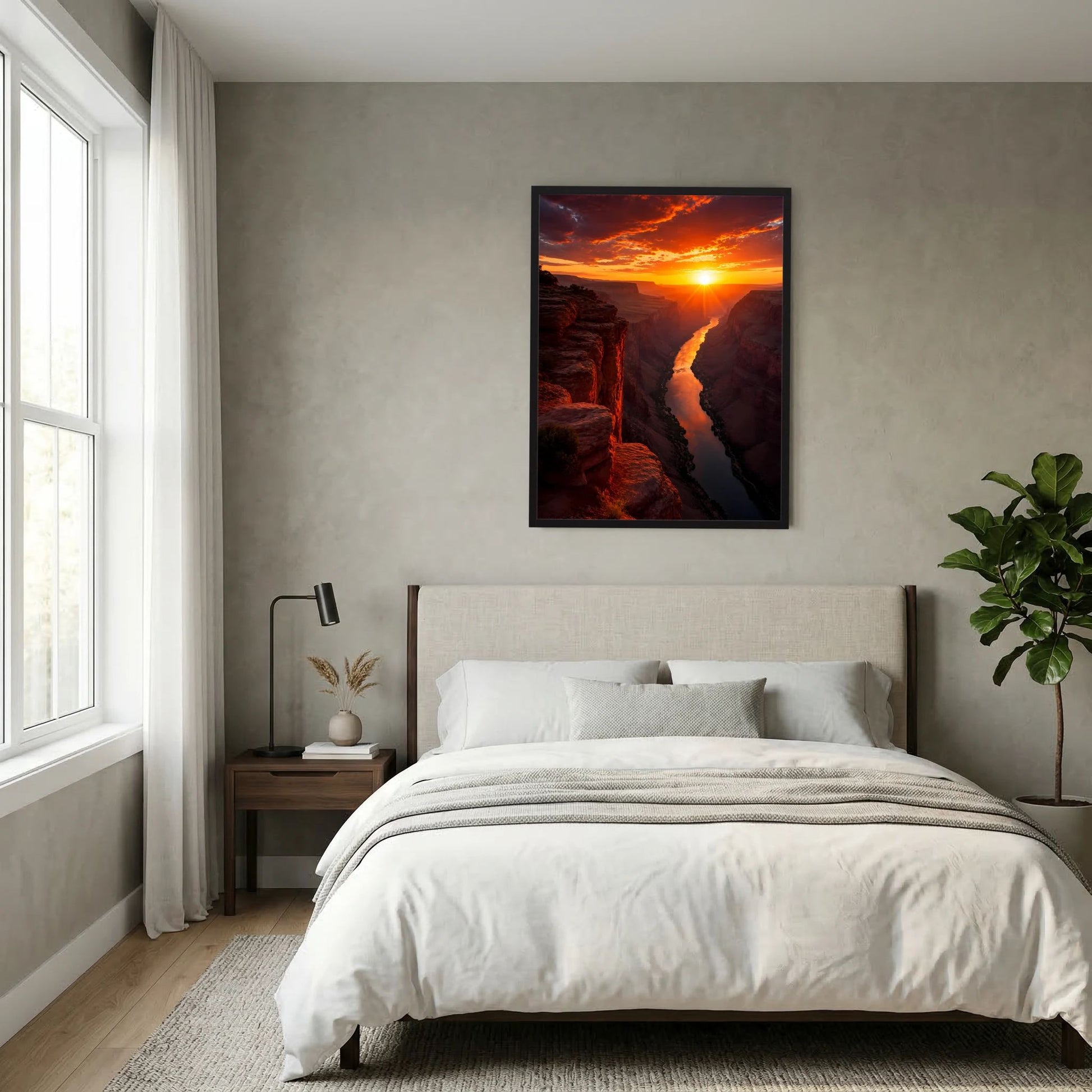 Gerahmtes Poster mit Canyonfluss bei Sonnenuntergang, schwarze Einfassung