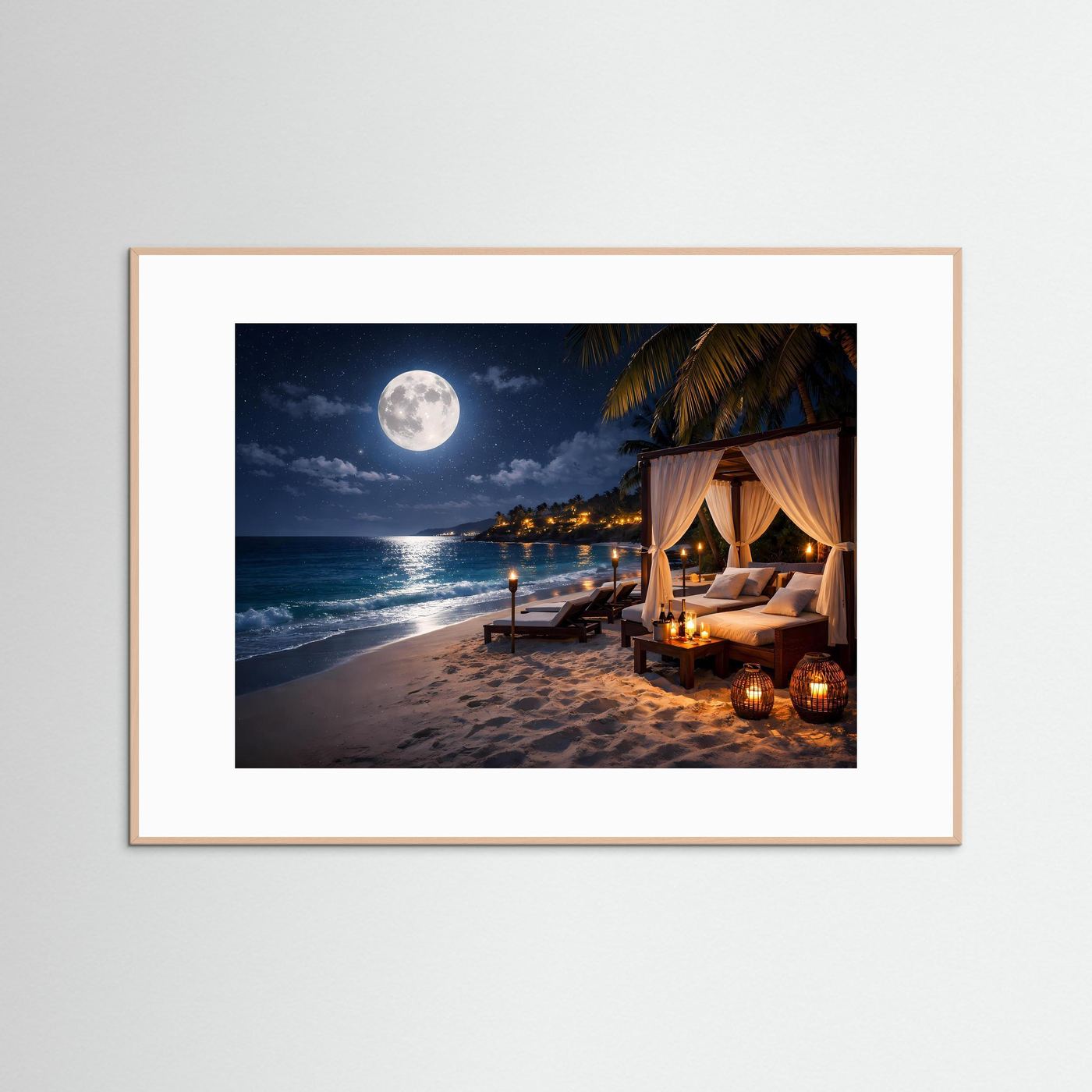 Poster im Querformat mit weißem Holzrahmen und weißem Rand: Strandresidenz bei Vollmond