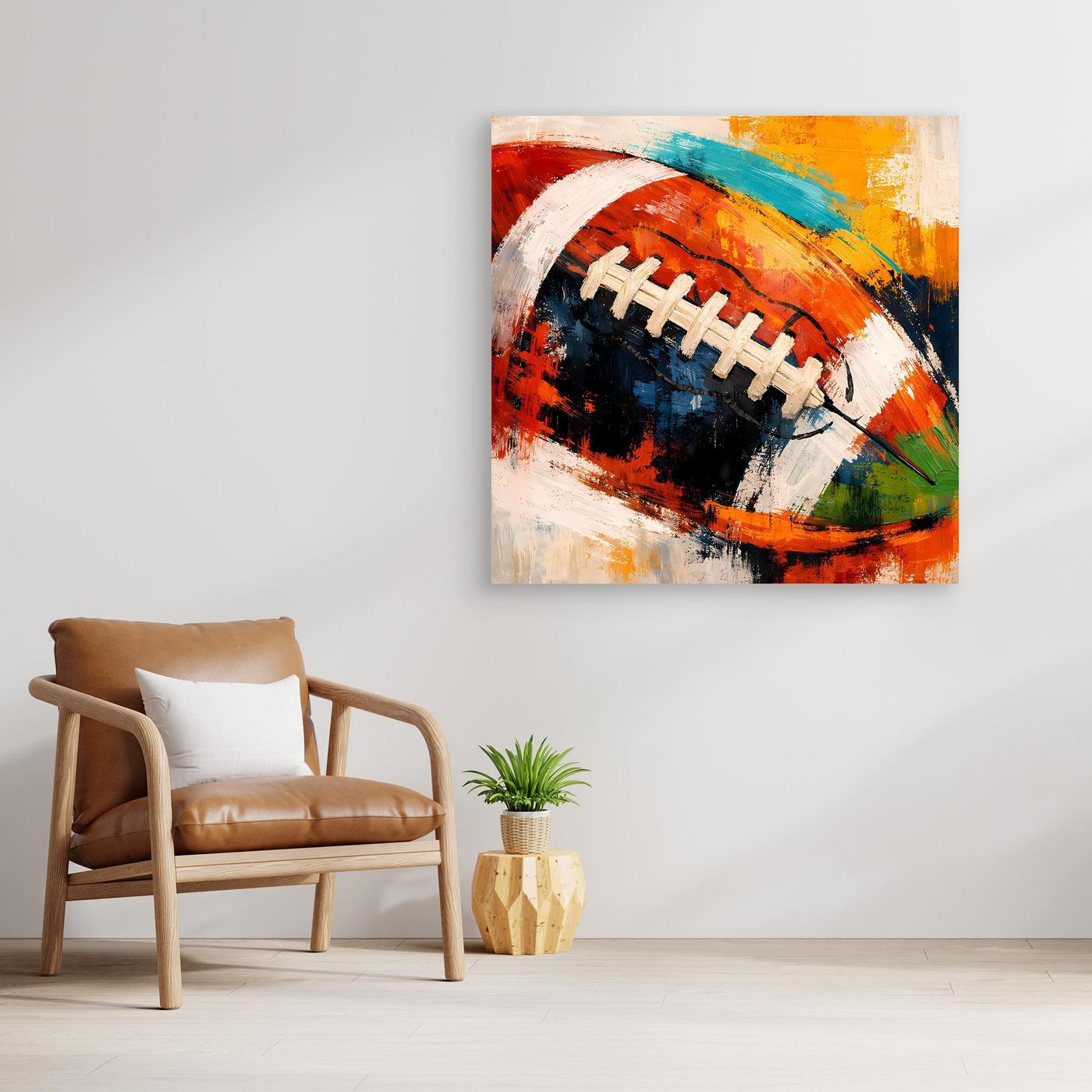 Leinwandbild mit abstraktem Football in kräftigen Farben ohne Rahmen