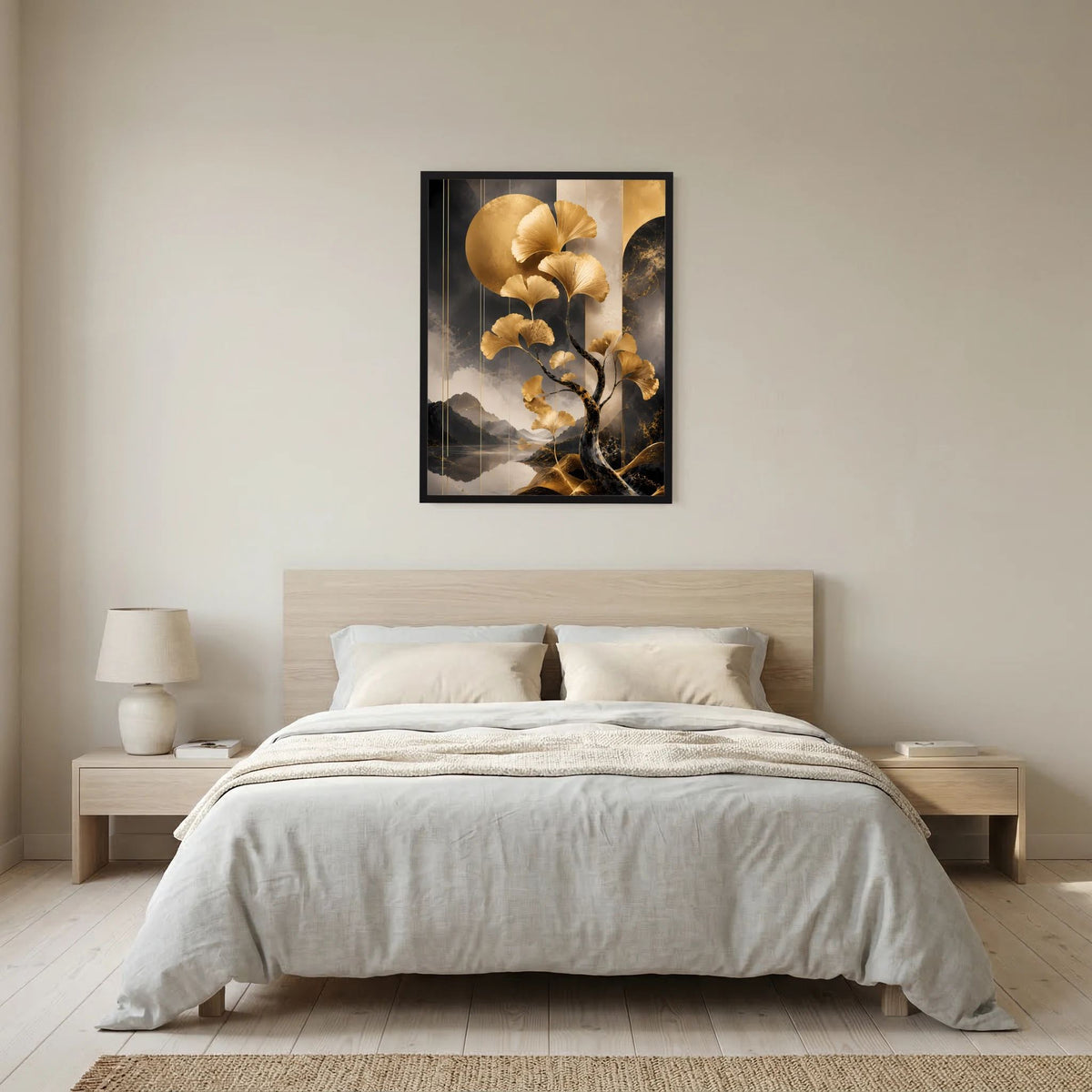 Vertikales Poster mit goldenem Ginkgobaum im Bergsee-Design, schwarzer Rahmen