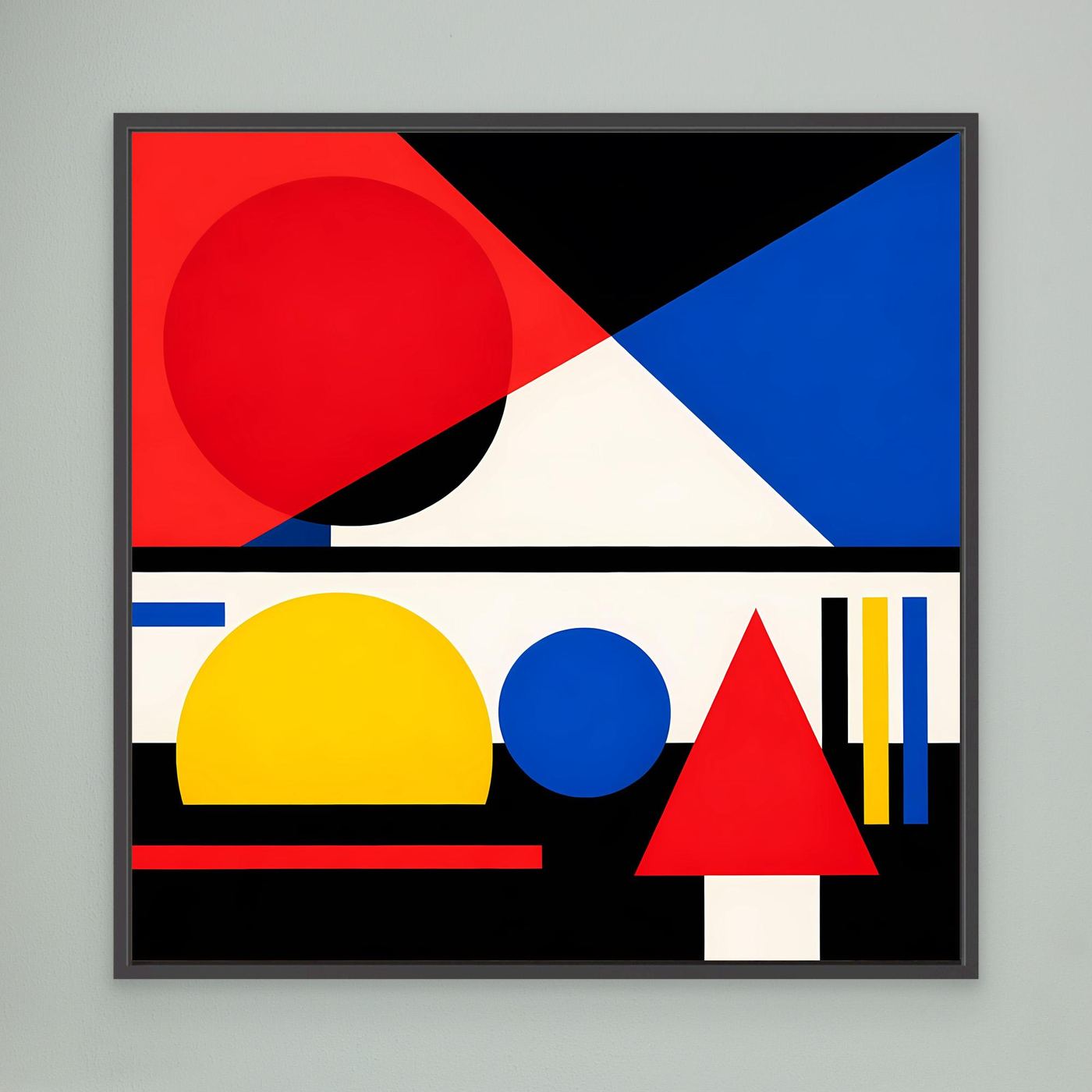 Leinwandbild geometrische Abstraktion mit roten Kreisen und blauen Flächen, schwarzer Rahmen