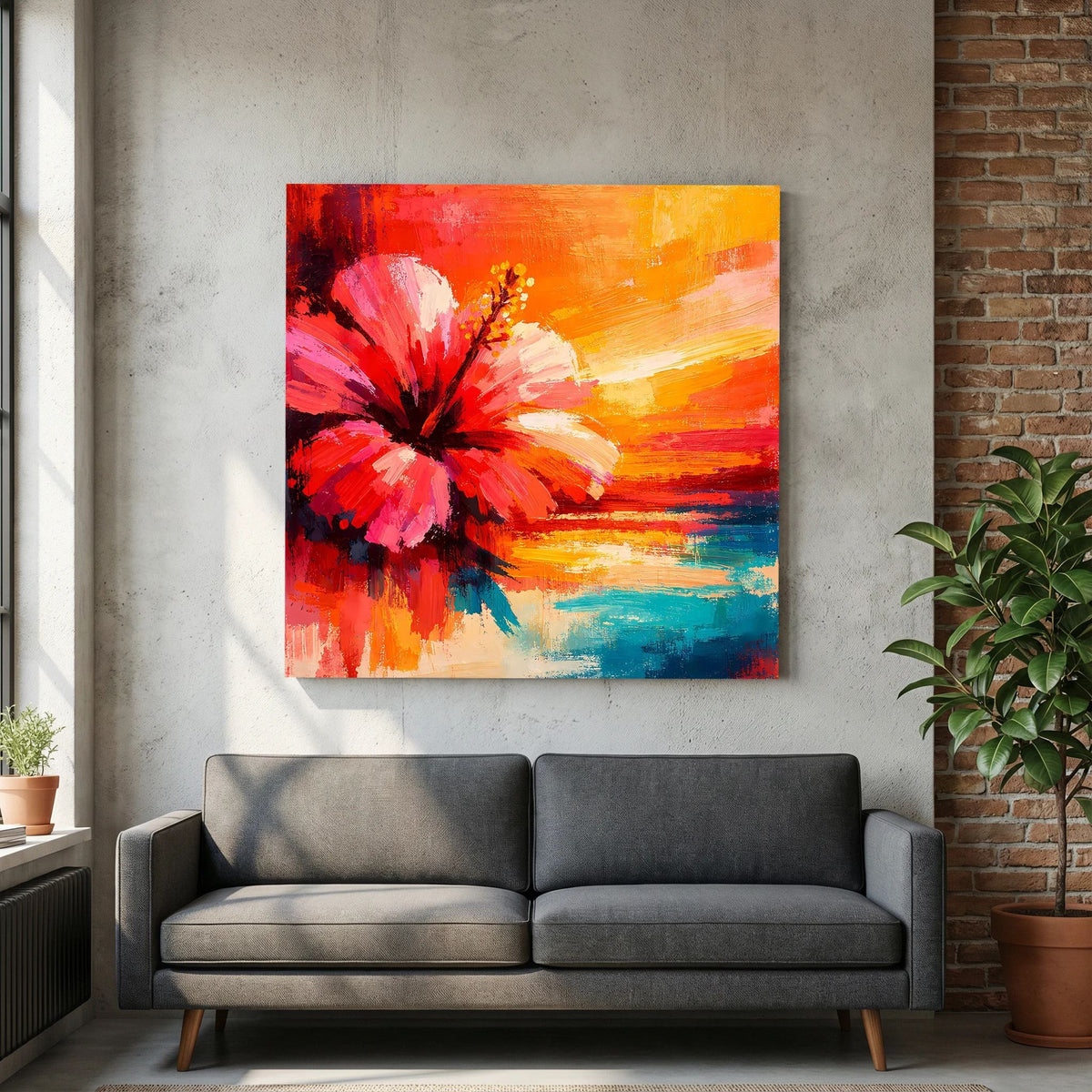 Abstraktes Hibiskusblütenbild auf Leinwand mit leuchtenden Rot-, Orange- und Blautönen