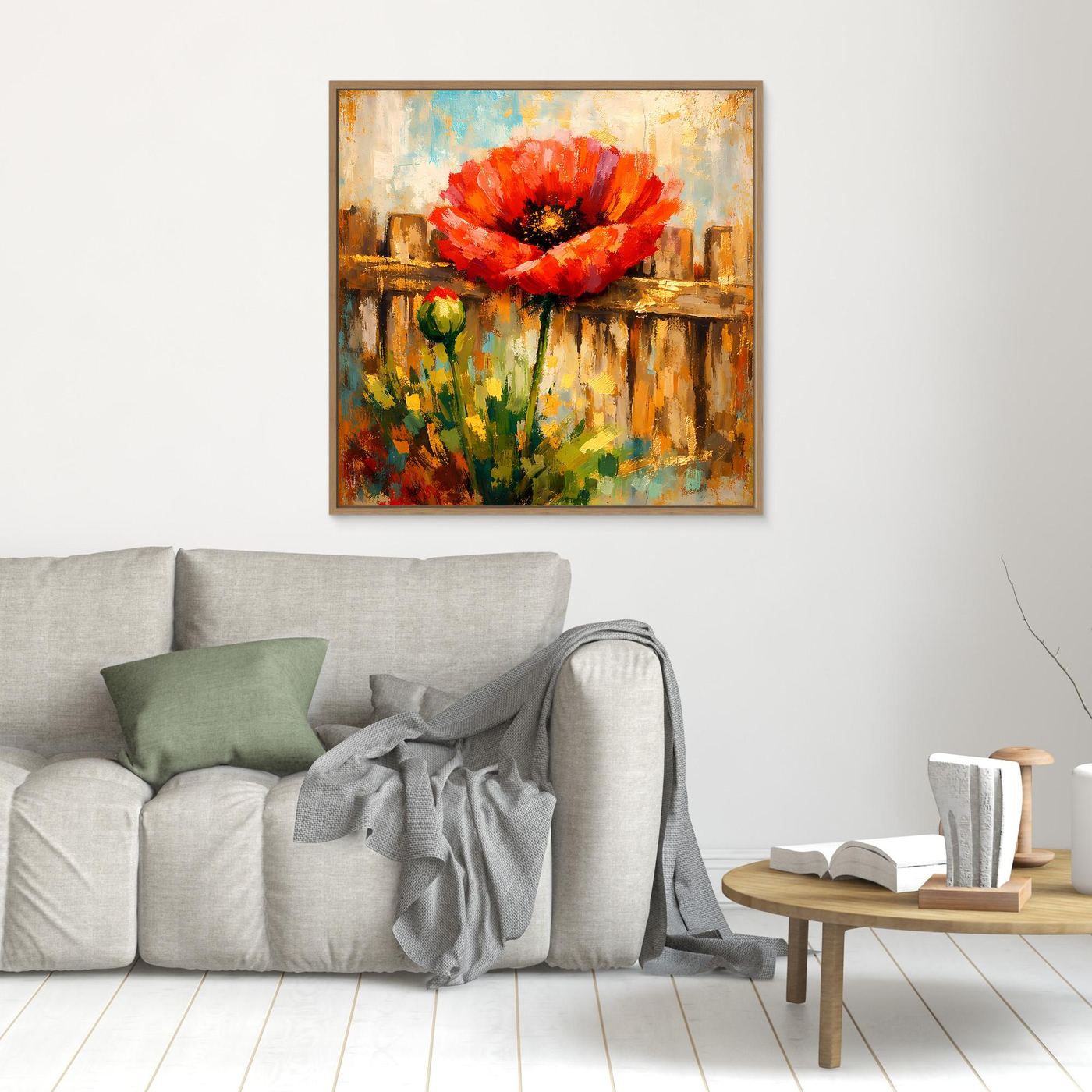 Leinwandbild mit abstrakter roter Mohnblume und grünen Stielen, brauner Rahmen