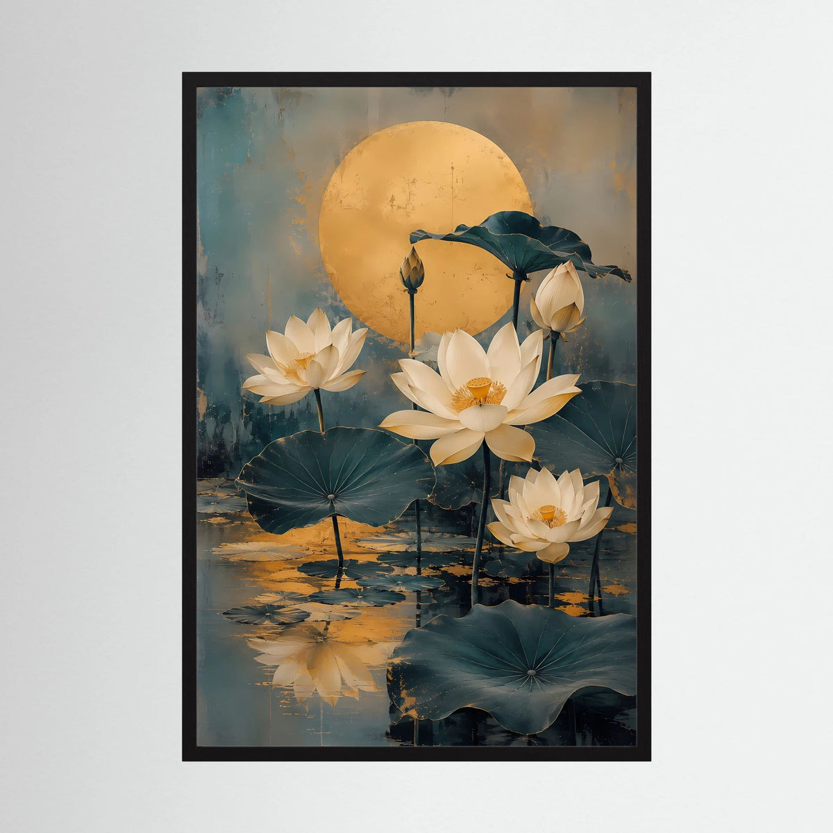 Hochformat-Poster mit goldener Mondscheibe und weißen Lotusblüten im Wasser, schwarzer Rahmen