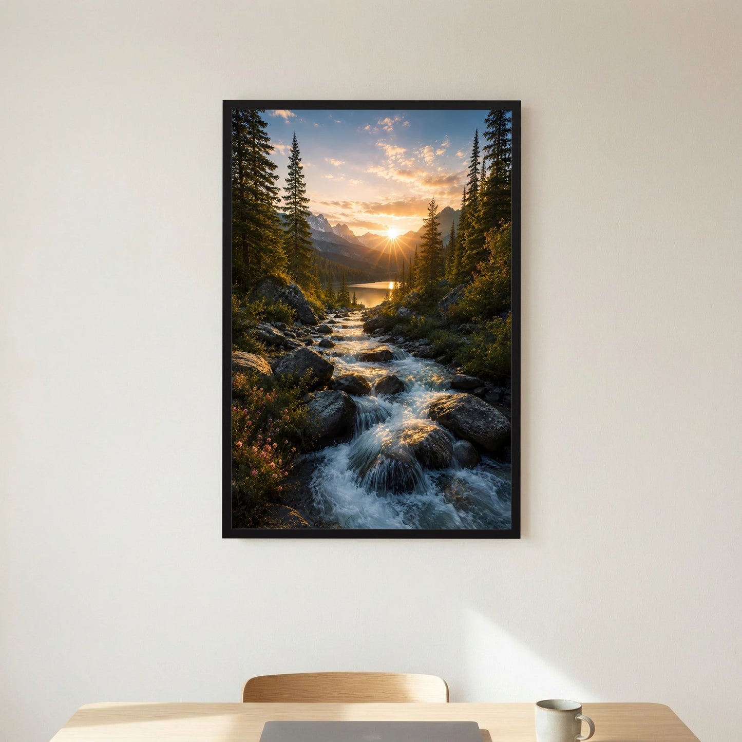 Hochformat-Poster im schwarzen Rahmen: Bach durch Waldschlucht mit Sonnenstrahlen am Horizont.