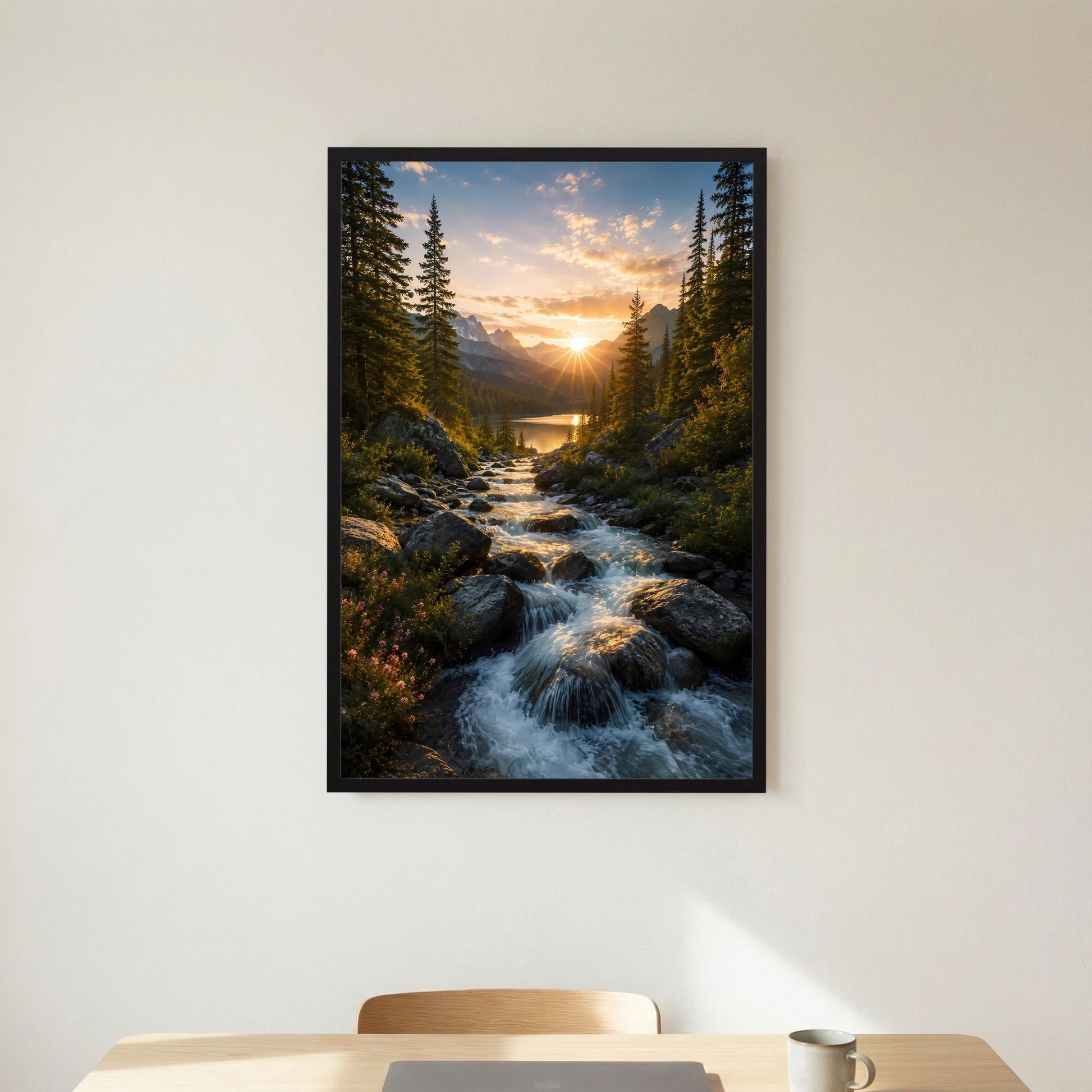Hochformat-Poster im schwarzen Rahmen: Bach durch Waldschlucht mit Sonnenstrahlen am Horizont.