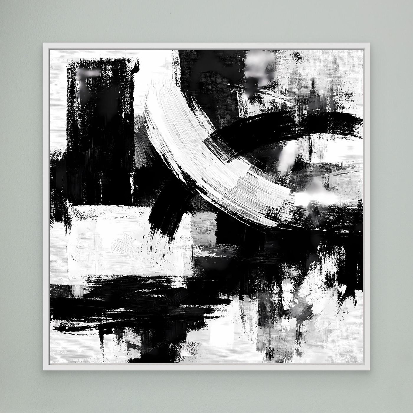 Abstract canvas wall art with black and white brush strokes, in a light gray frame