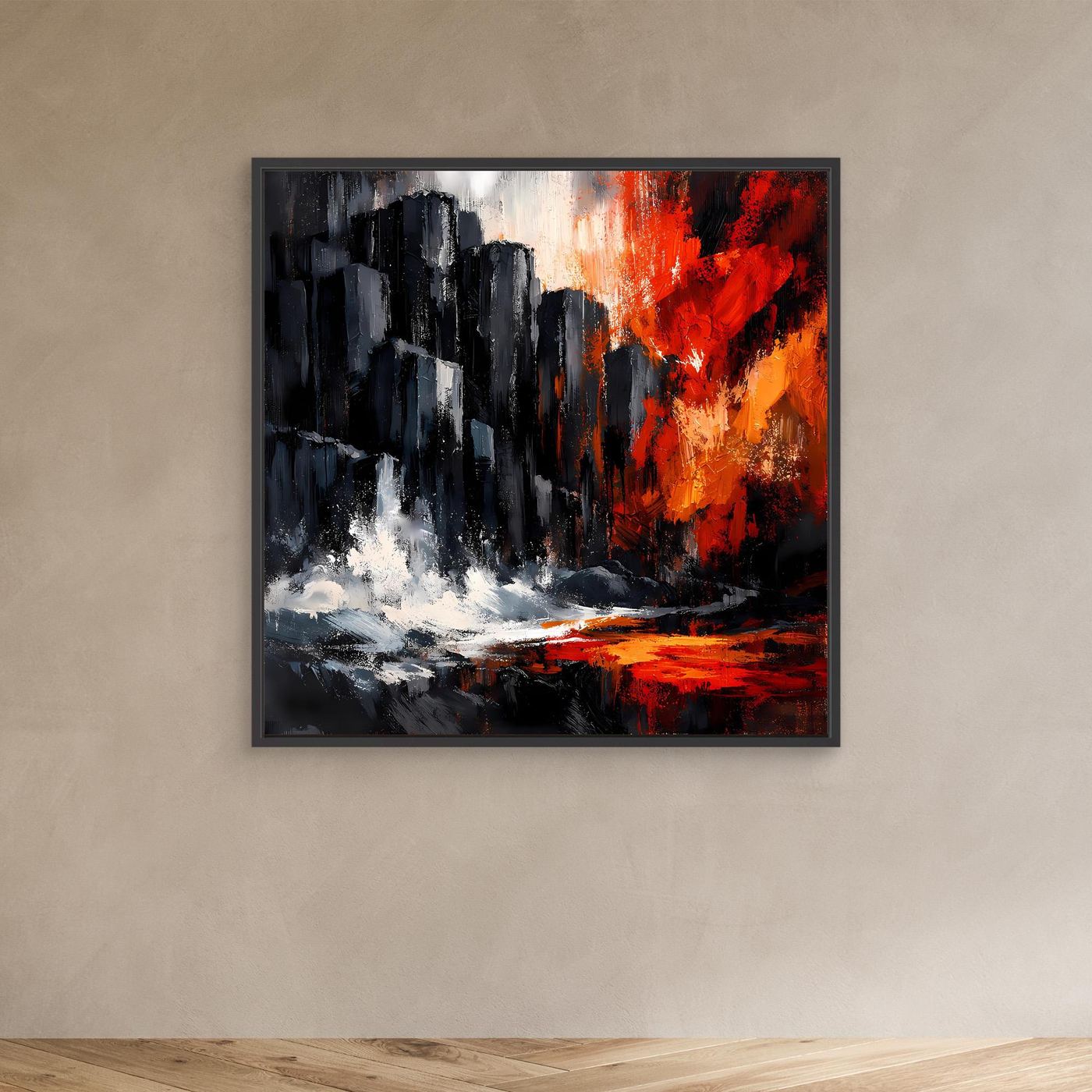 Abstraktes Leinwand-Wandbild mit schwarzem Rahmen: abstrakte Küste, Rot-Orange, weiße Spritzer