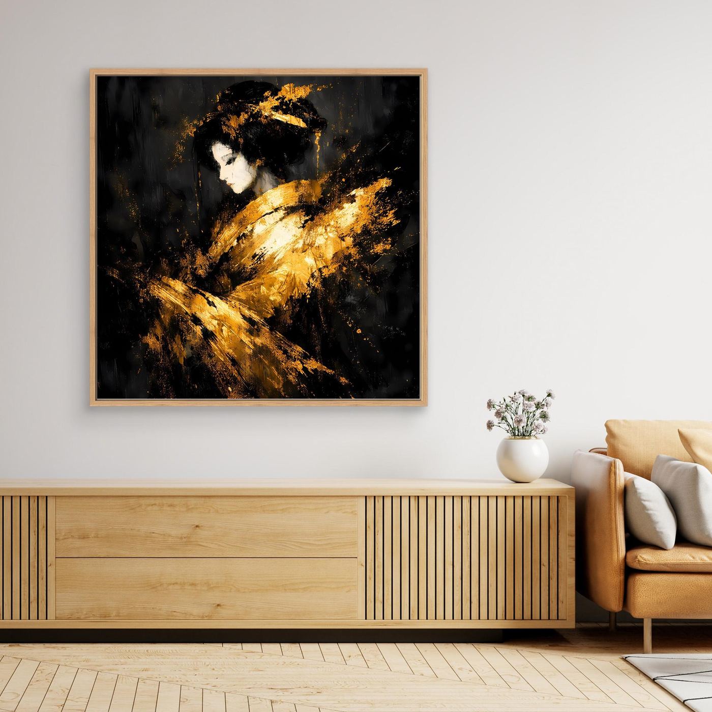 Leinwand Elegante Goldene Geisha | Abstraktes Asiatisches Wandbild